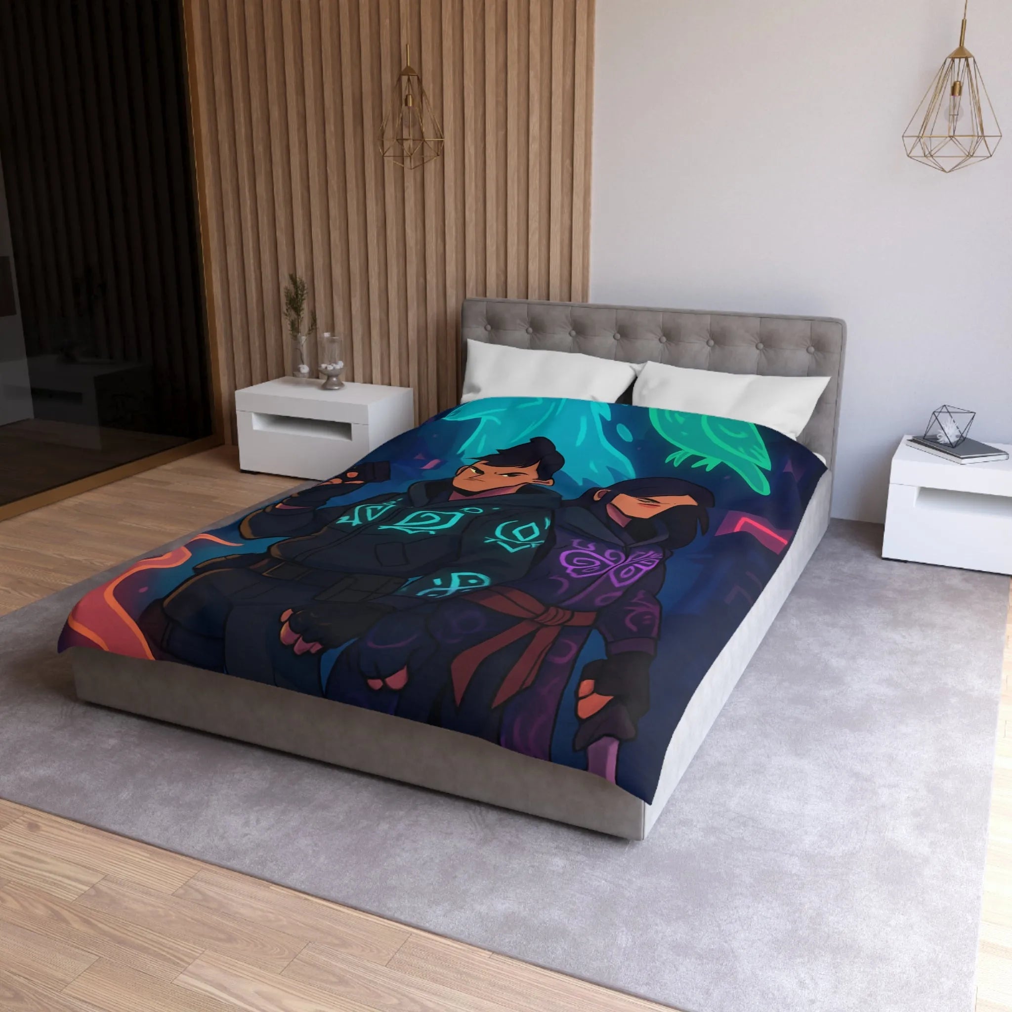 Housse de couette avec motifs mystiques de loup et hibou luminescents en néon urbain
