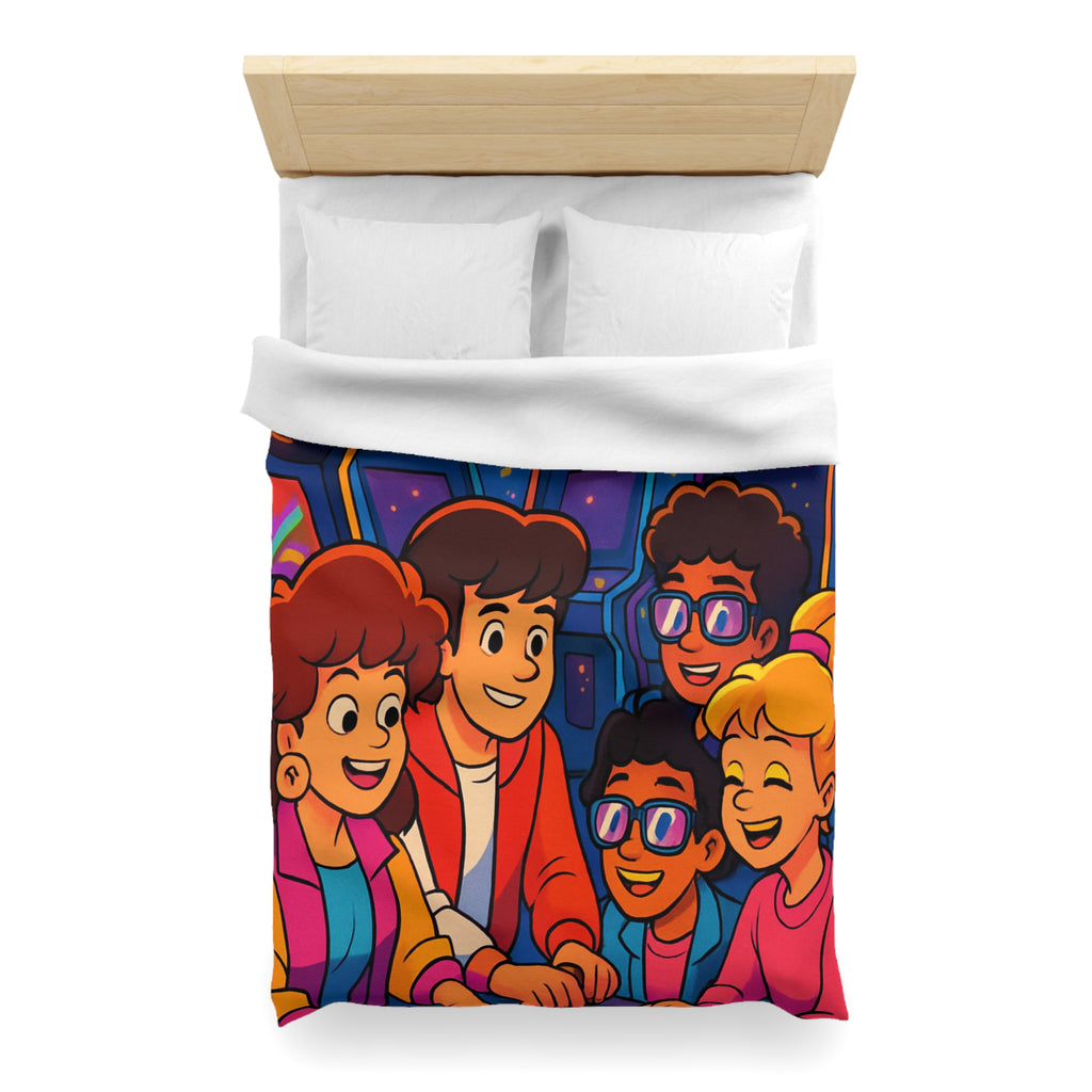 Housse de couette vibrante années 80 avec motifs arcades et ambiance rétro lumineuse