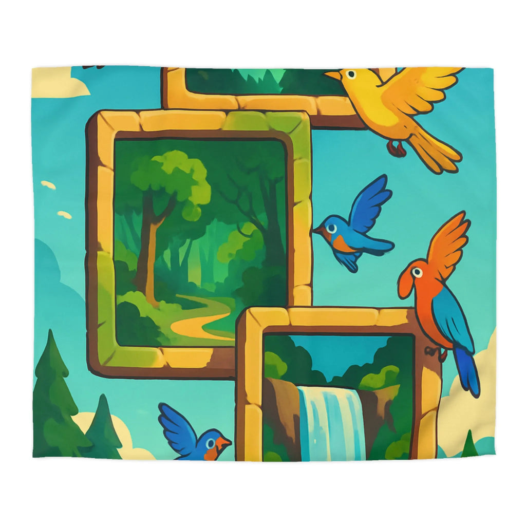 Housse de couette colorée avec oiseaux et scènes de nature paisible et dynamique