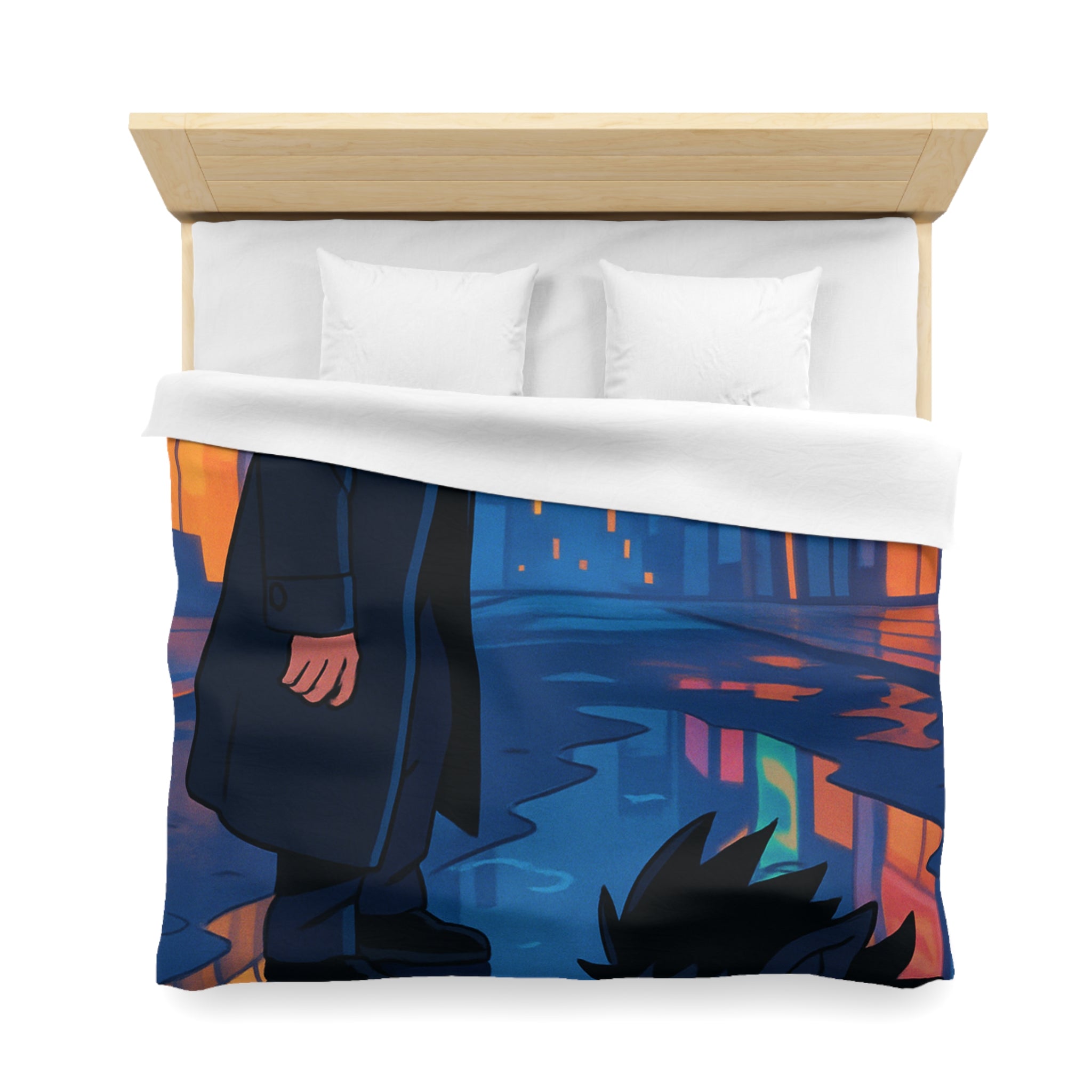 Housse de couette urbaine avec reflet mystérieux dans une rue animée la nuit