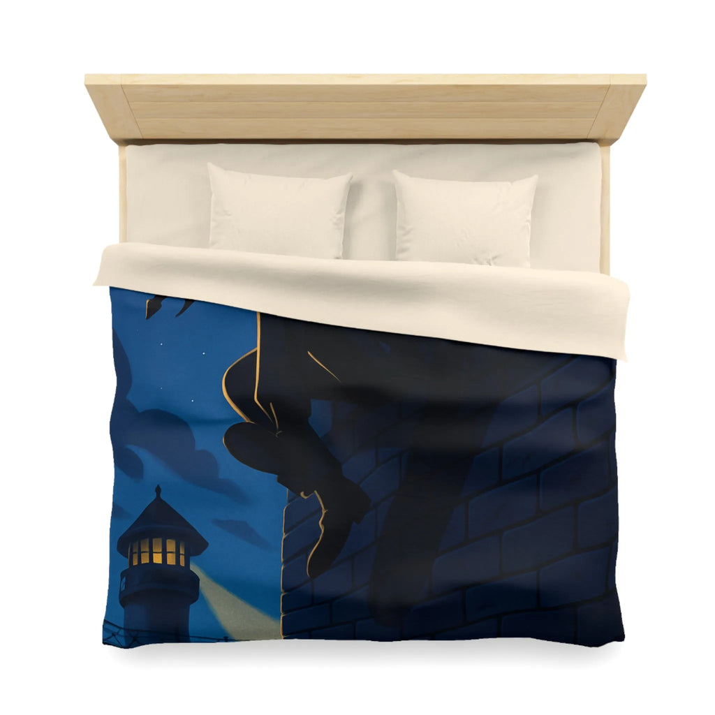 Housse de couette avec artiste en fuite sous ciel étoilé, ambiance nocturne captivante