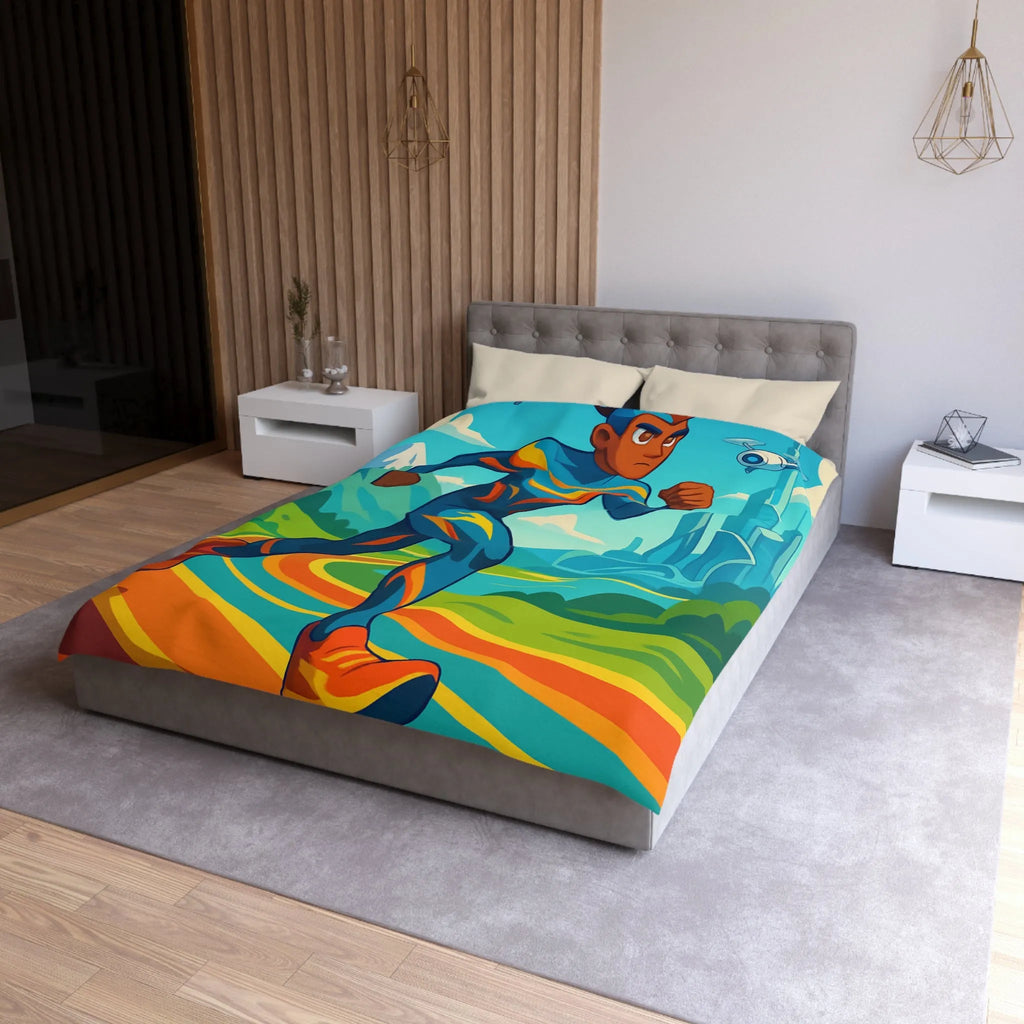 Housse de couette colorée pour chambre futuriste avec coureur et drones volants