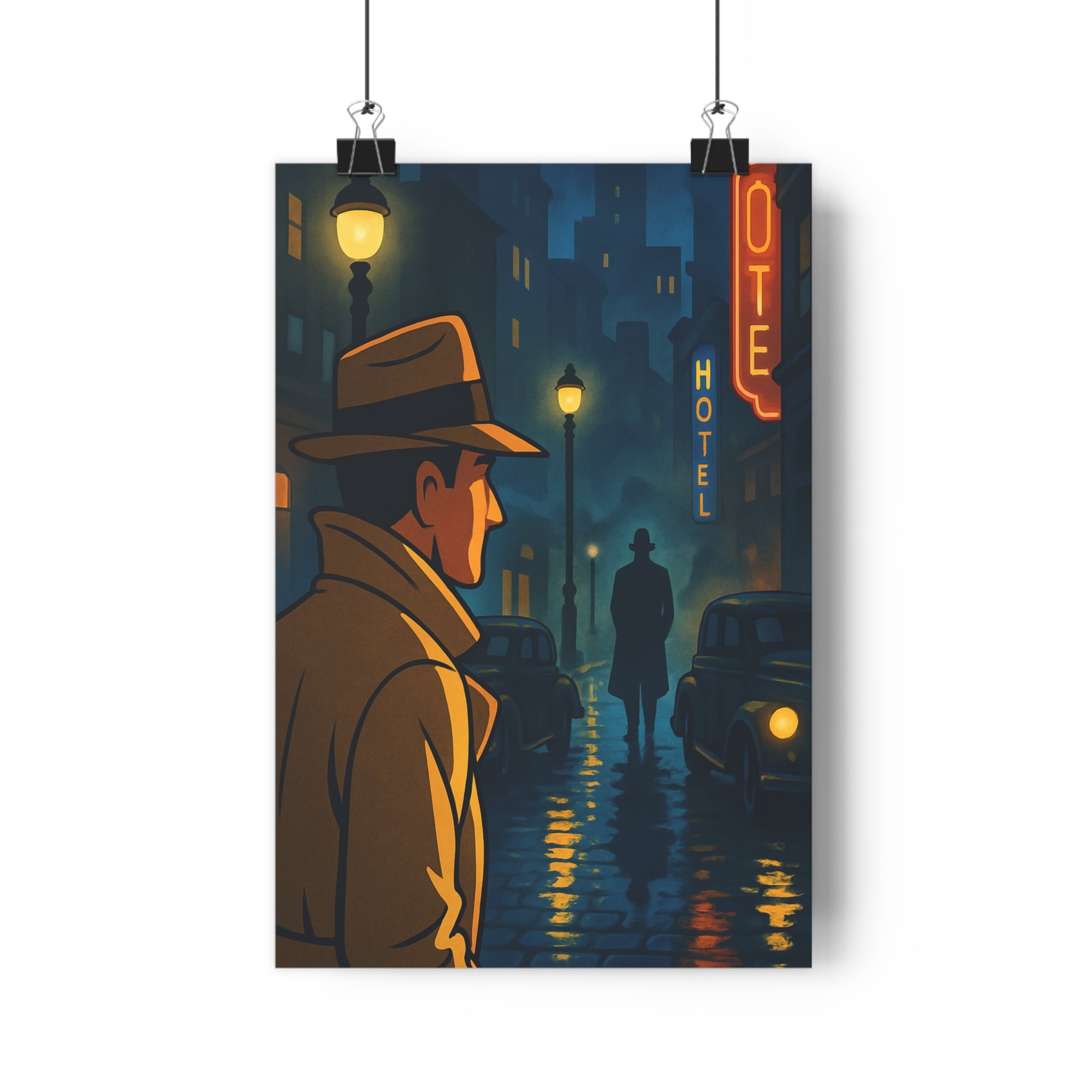 Poster décoratif rétro bleu orange mystérieux vintage urbain salon bureau ambiance nocturne 30x46 élégant