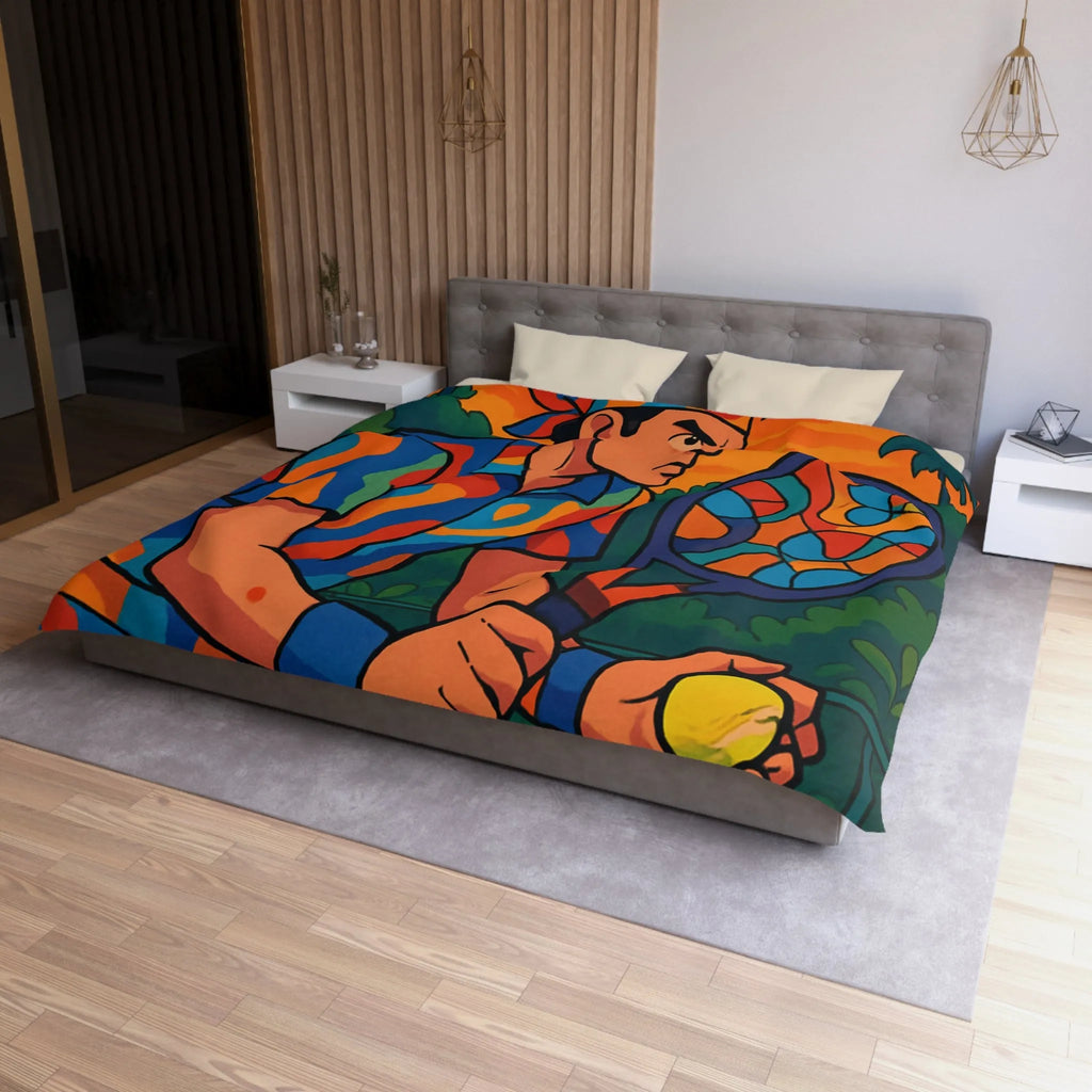 Housse de Couette Colorée Tennis Design Vibrant avec Joueur en Action et Palmiers