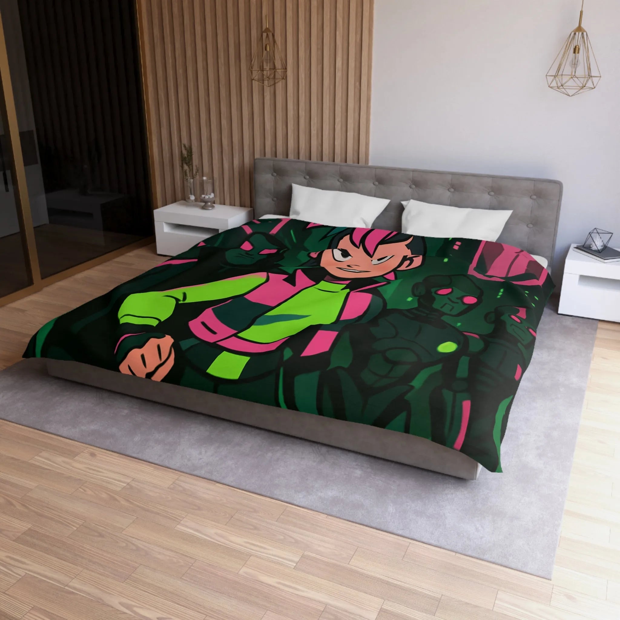 Housse de couette fluorescente cyberpunk avec motif de rébellion et paysage urbain futuriste