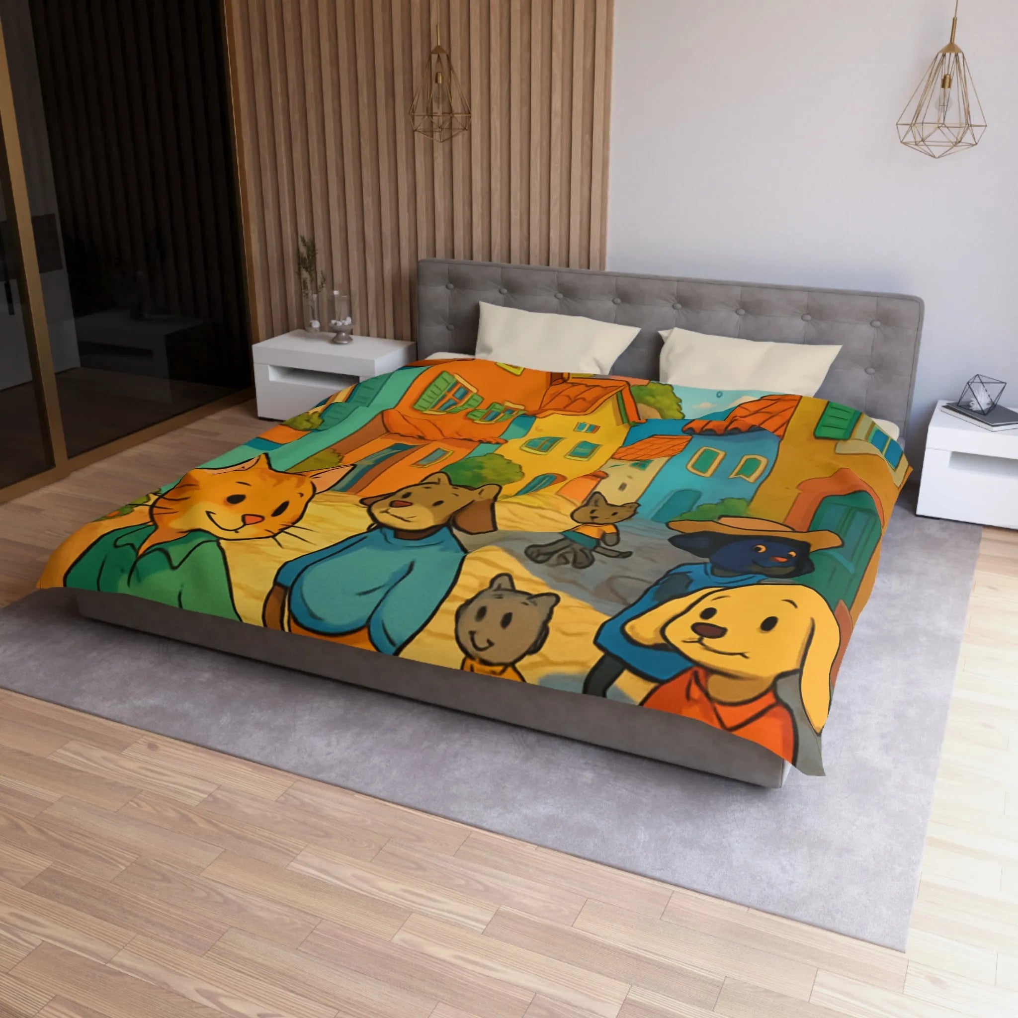 Housse de Couette Colorée avec Animaux Anthropomorphes et Lighthouse sur Rue ensoleillée