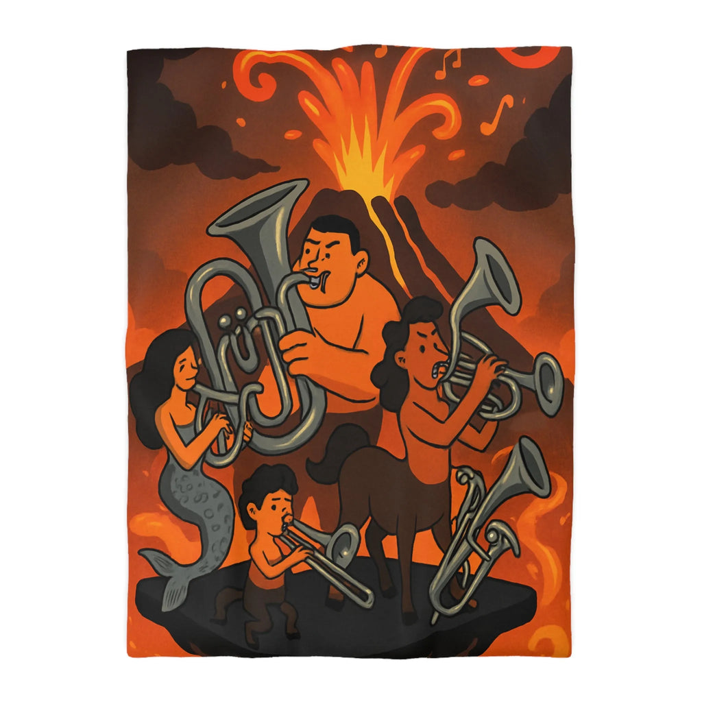 Housse de couette avec design mythique de musiciens sur fond volcanique flamboyant