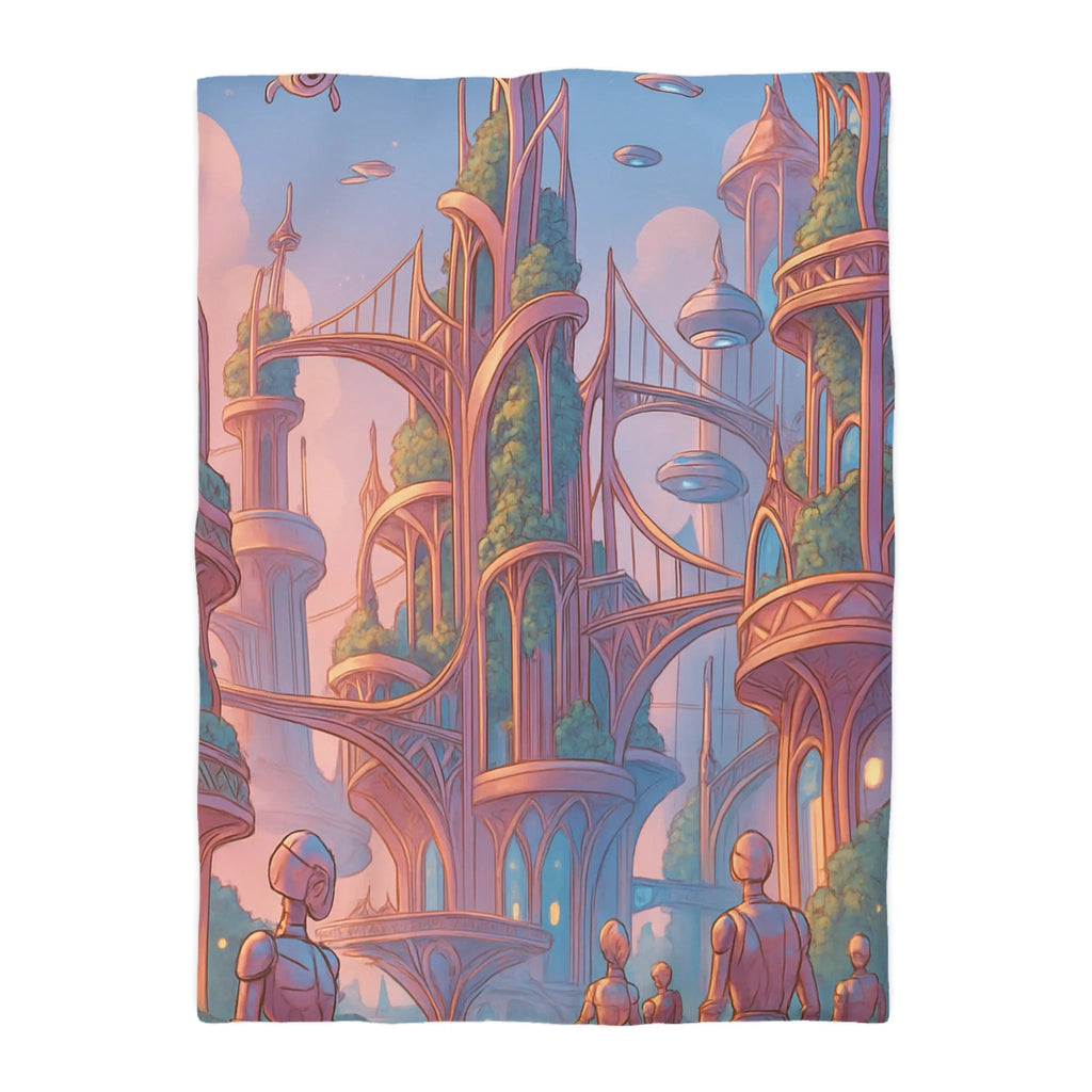 Housse de couette futuriste avec architecture élégante et robots dans tons pastel