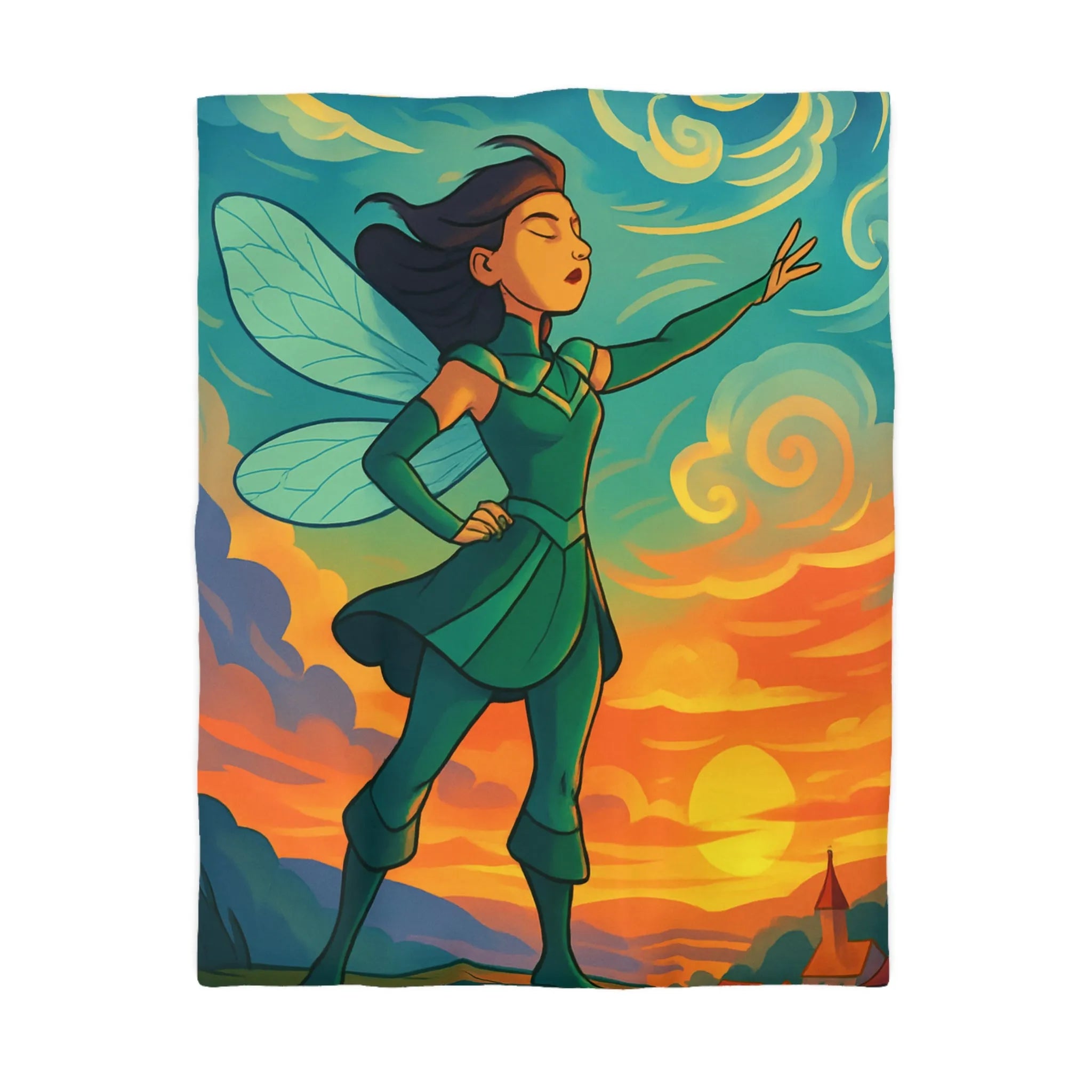 Housse de Couette Fée Magique sur La Falaise au Coucher de Soleil Éblouissant