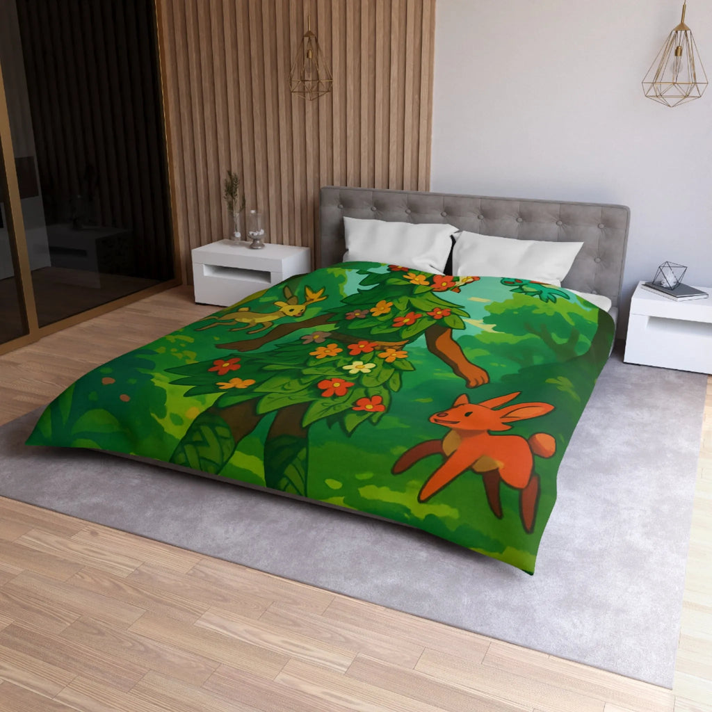 Housse de couette forêt enchantée avec créatures et personnage naturel aux couleurs vibrantes