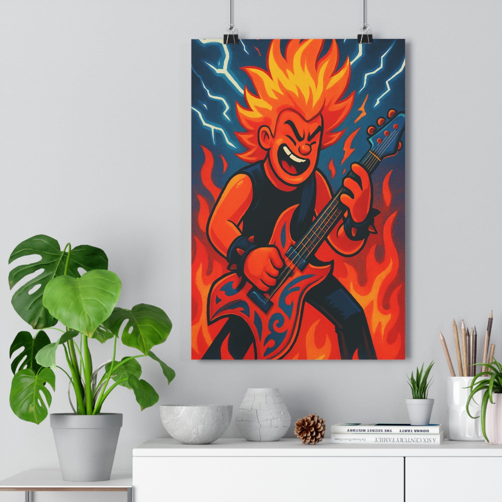 Poster décoratif guitare électrique rouge orange bleu animé dynamique musique chambre espace 30x46 unique