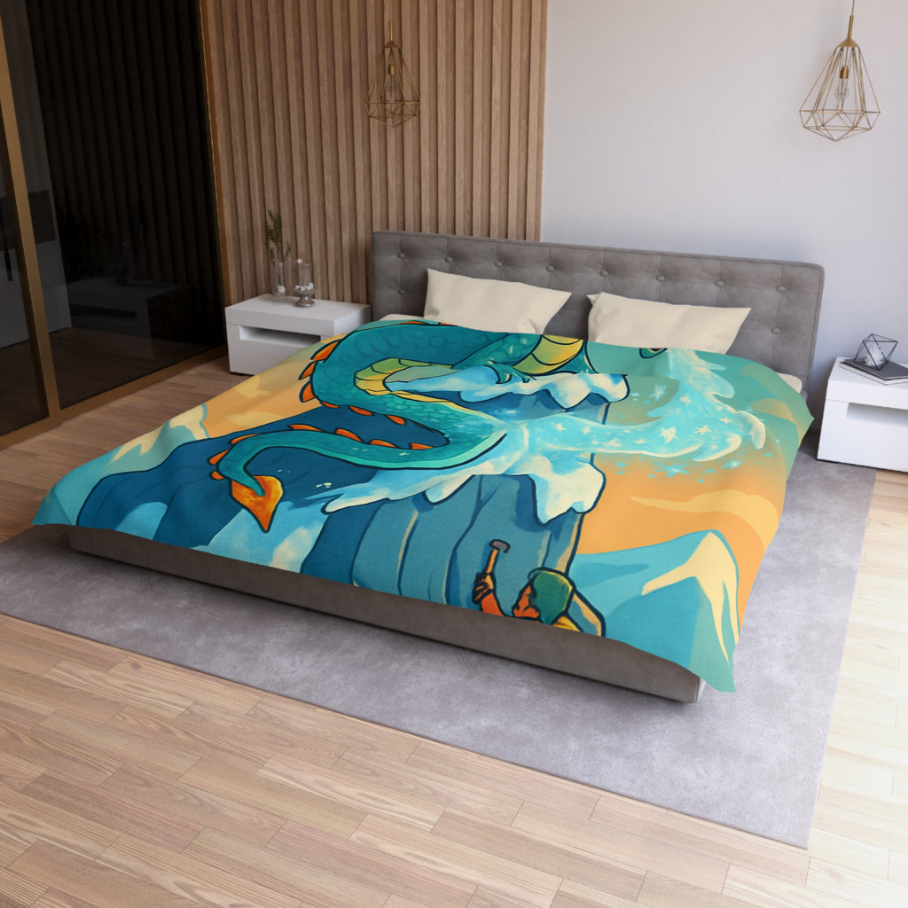 Montagne enneigée gardée par un dragon crachant de la glace, aventure épique illustrée