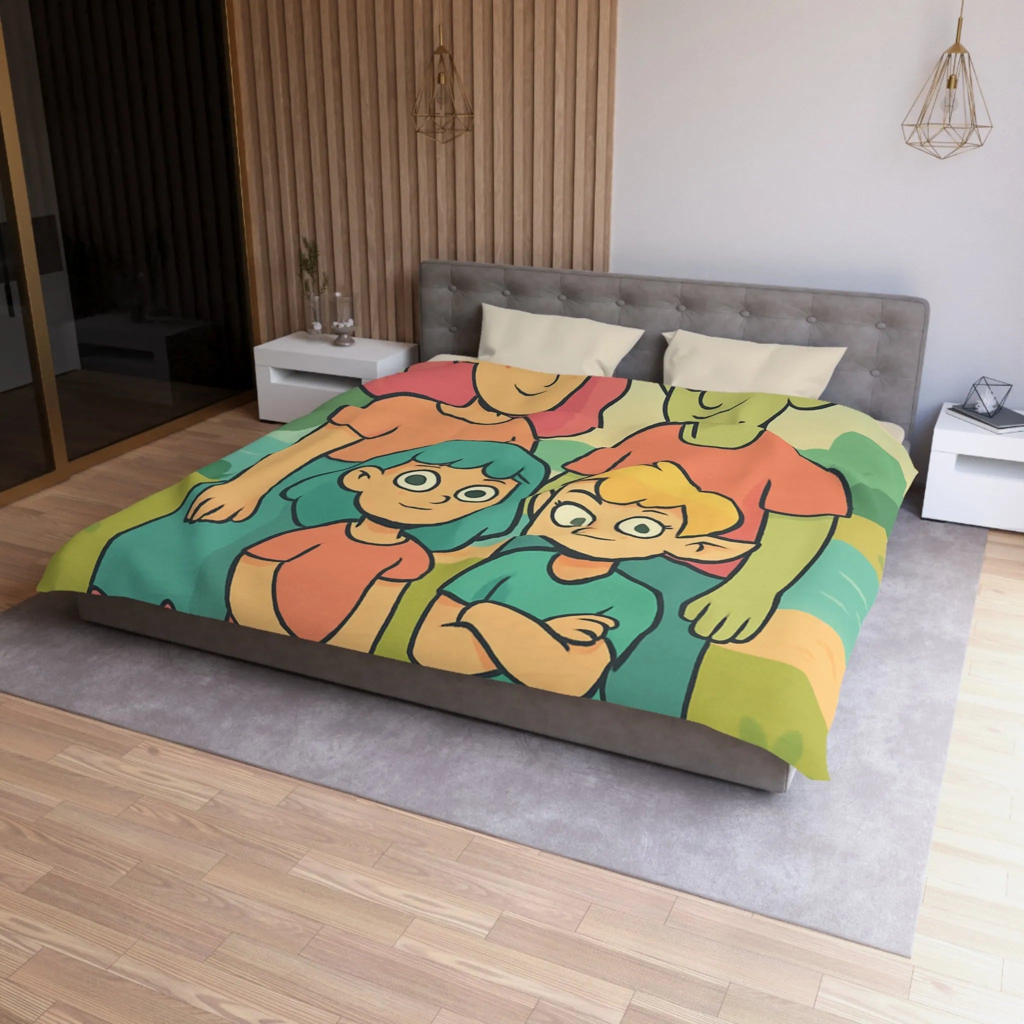 Housse de couette chaleureuse illustrant une famille enchantée et ses animaux compagnons ludiques