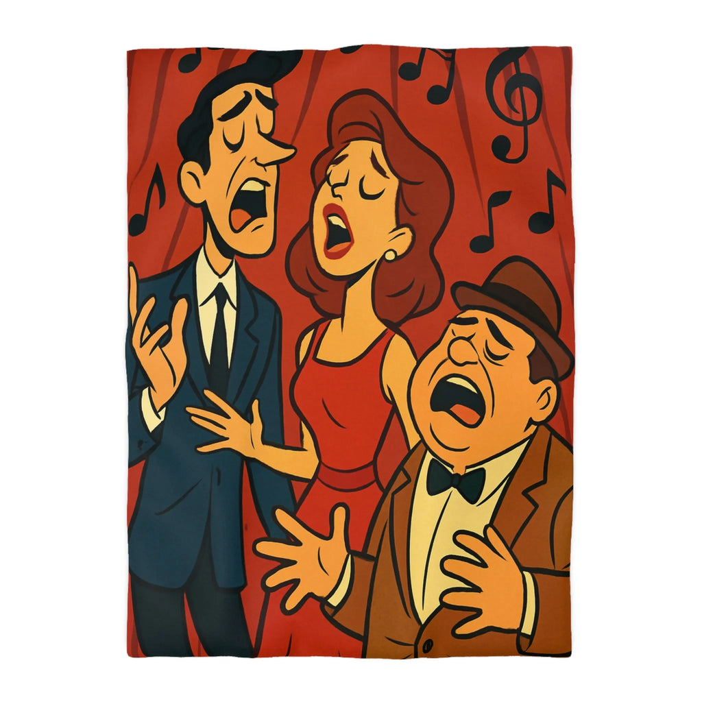 Ensemble vocal vintage animé exubérant, scène musicale rétro avec fond rouge et notes