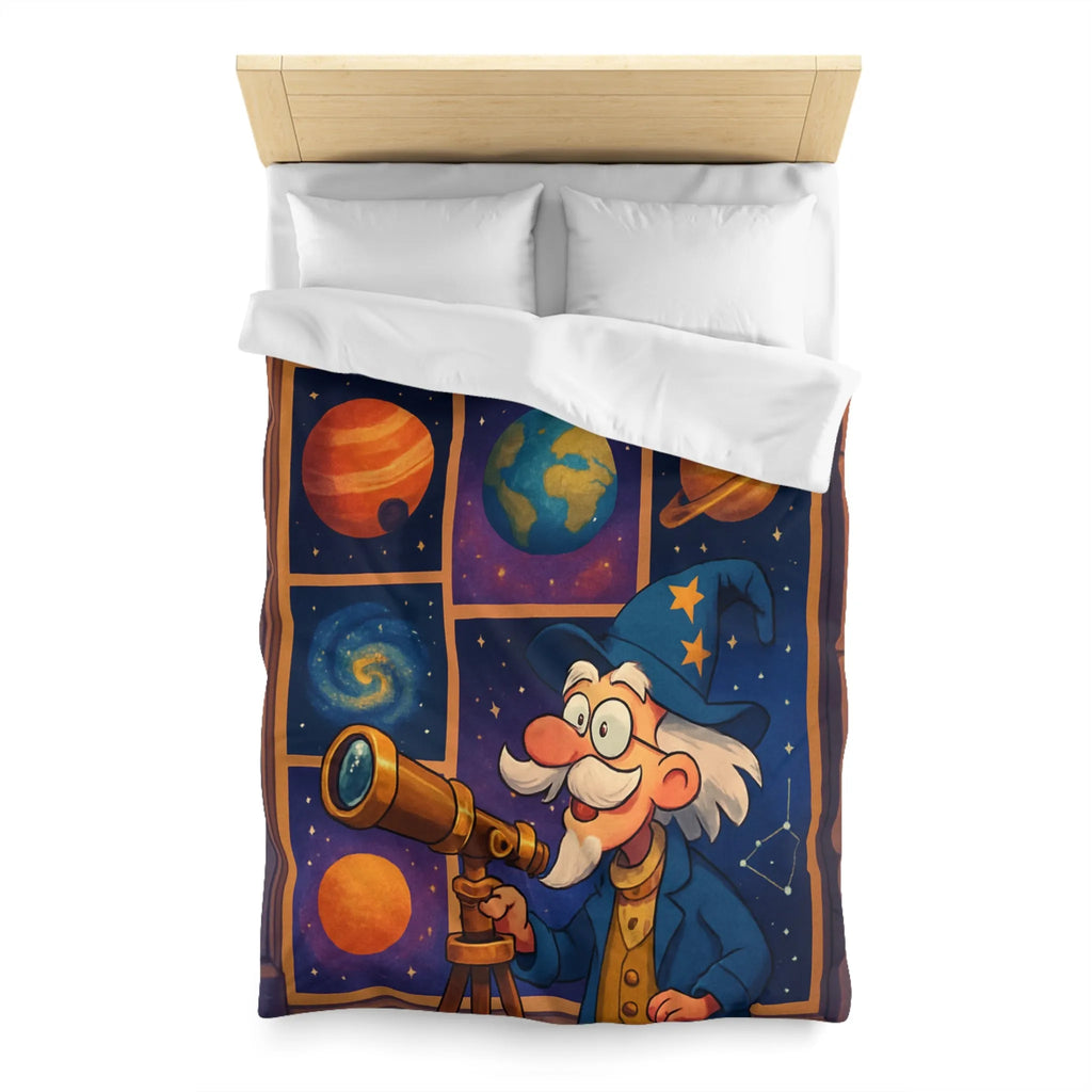 Housse de couette colorée avec astronome et planètes pour chambre d'enfant magique