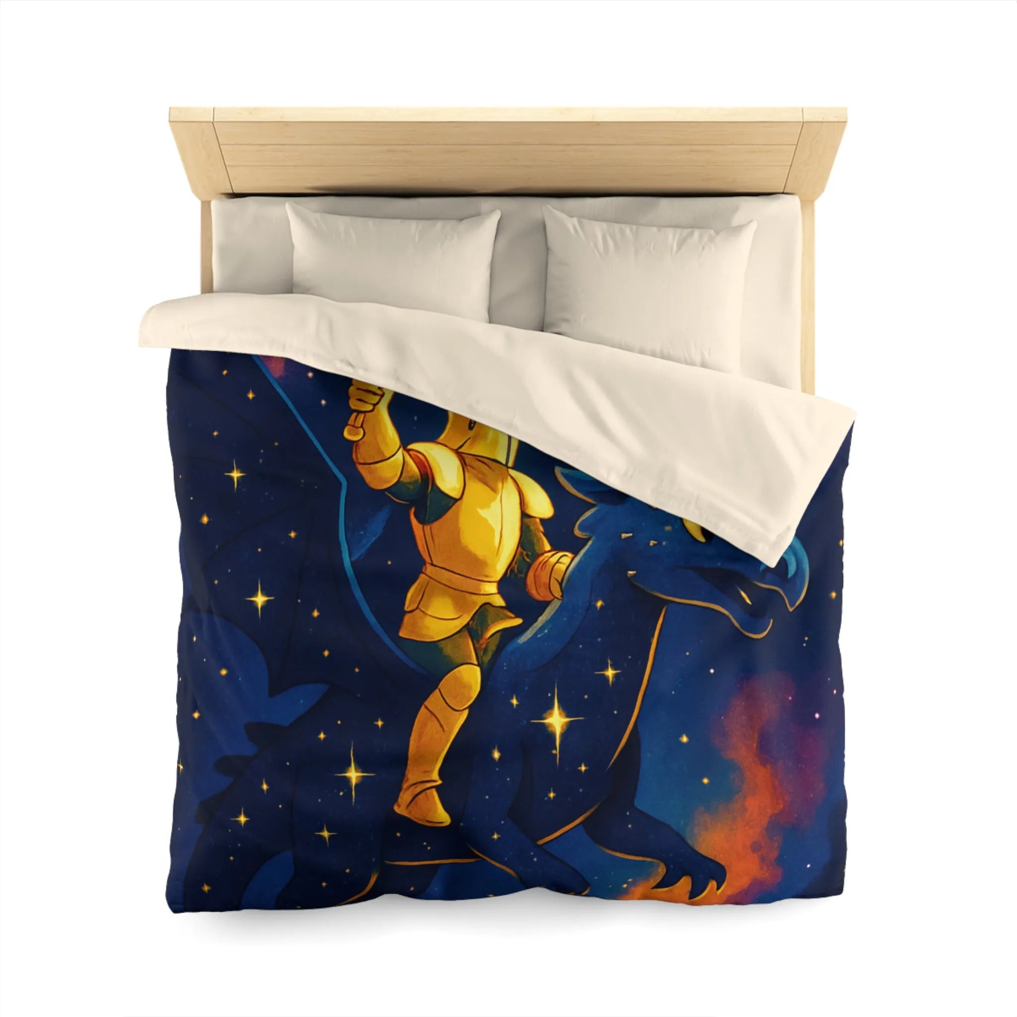 Housse de couette avec chevalier et dragon volant sous étoiles et château magique