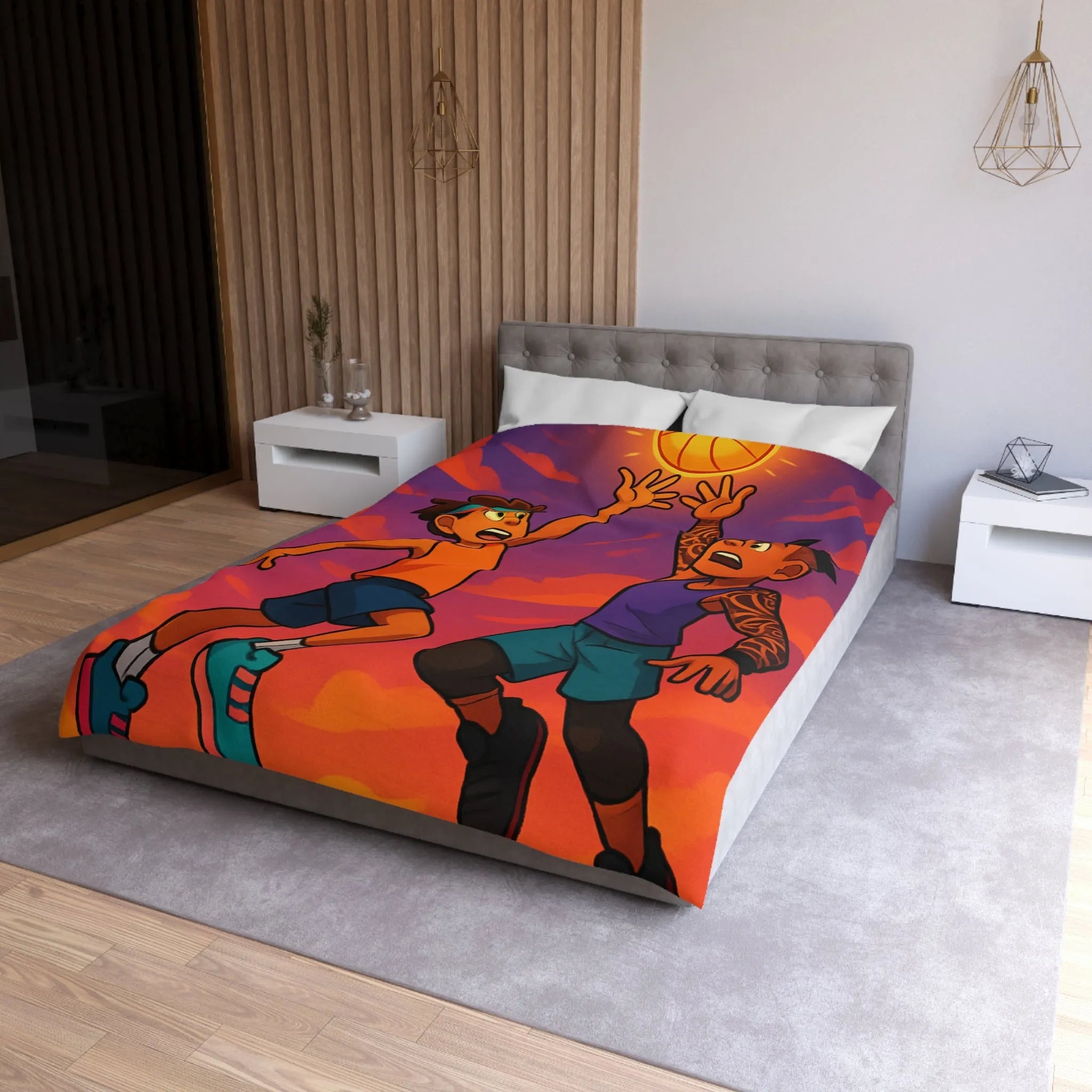 Housse de couette basketball, style dessin animé, coucher de soleil dynamique énergique