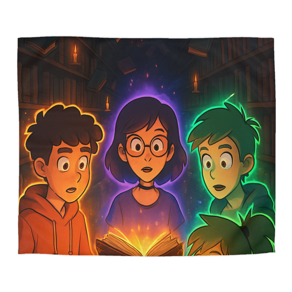 Housse de Couette Mystérieuse avec Enfants Découvrant Livre Magique dans Bibliothèque Enchantée
