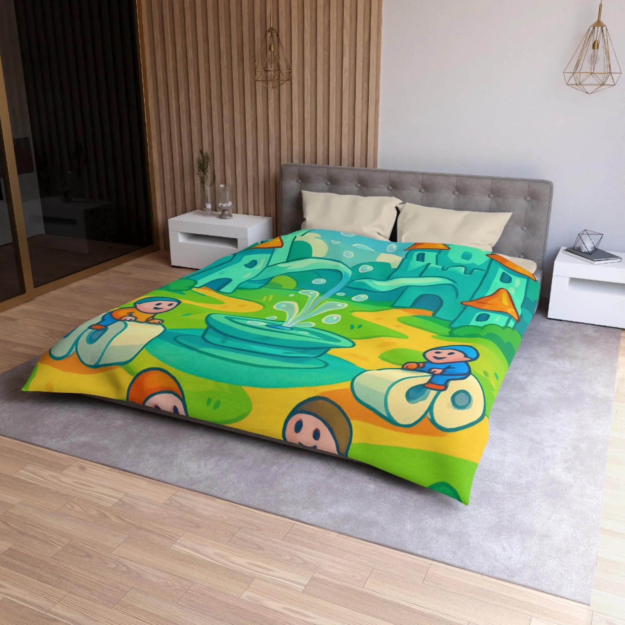 Housse de couette joyeuse avec château et enfants sur routes animées et colorées