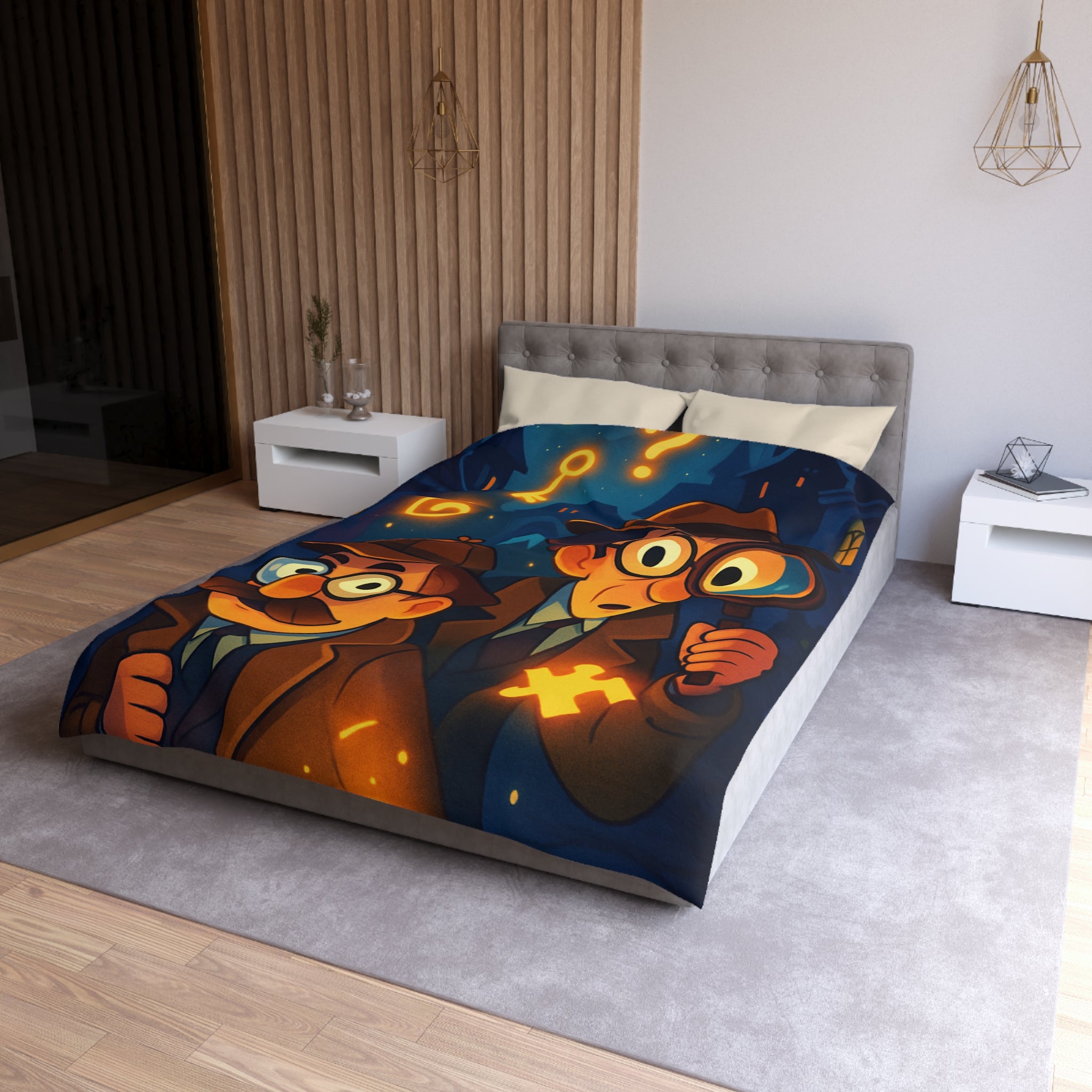 Housse de couette mystérieuse avec détectives sous un ciel étoilé, lunettes et loupe