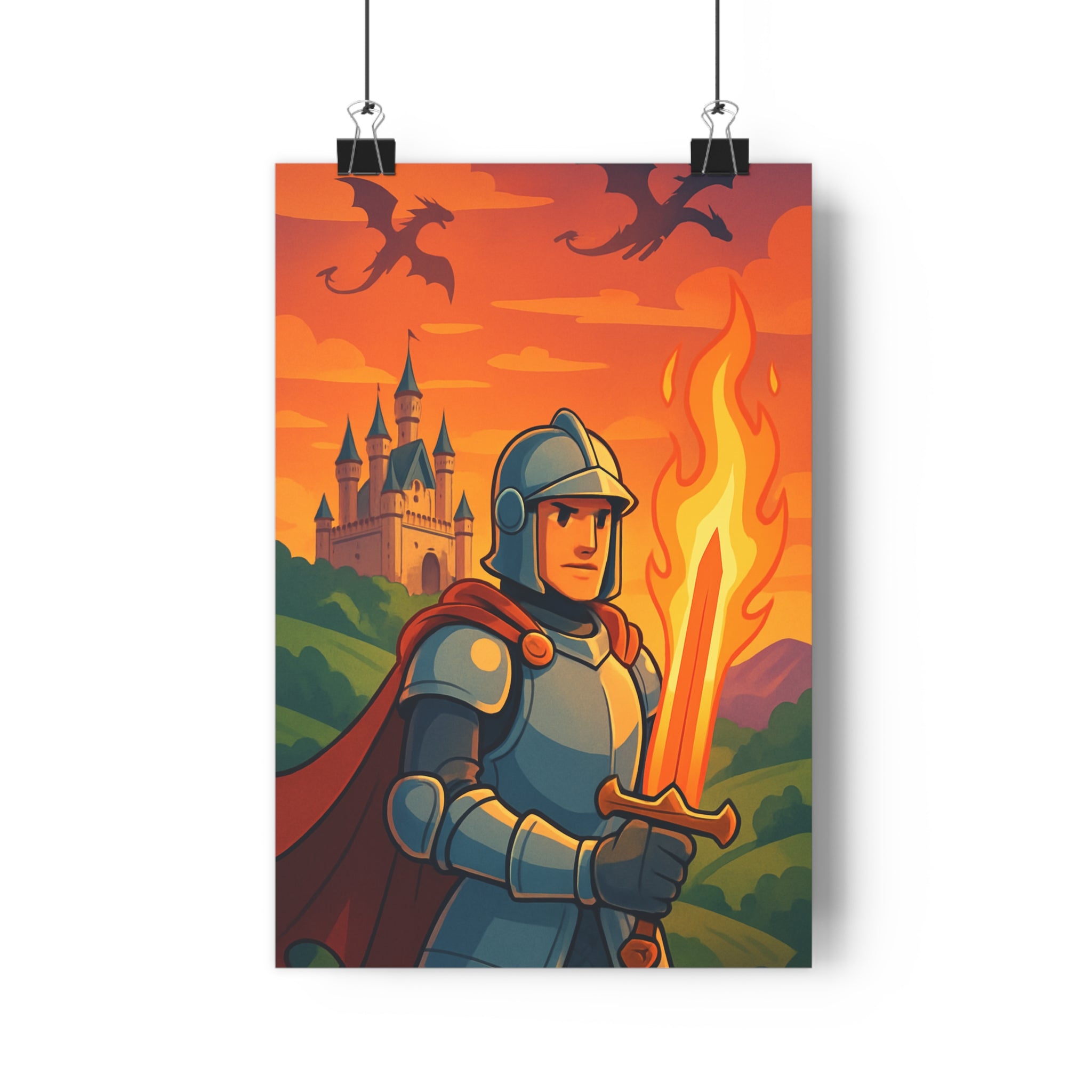 Poster décoratif fantastique coloré chevalier épée dragons château cartoon aventure chambre enfant salon mural