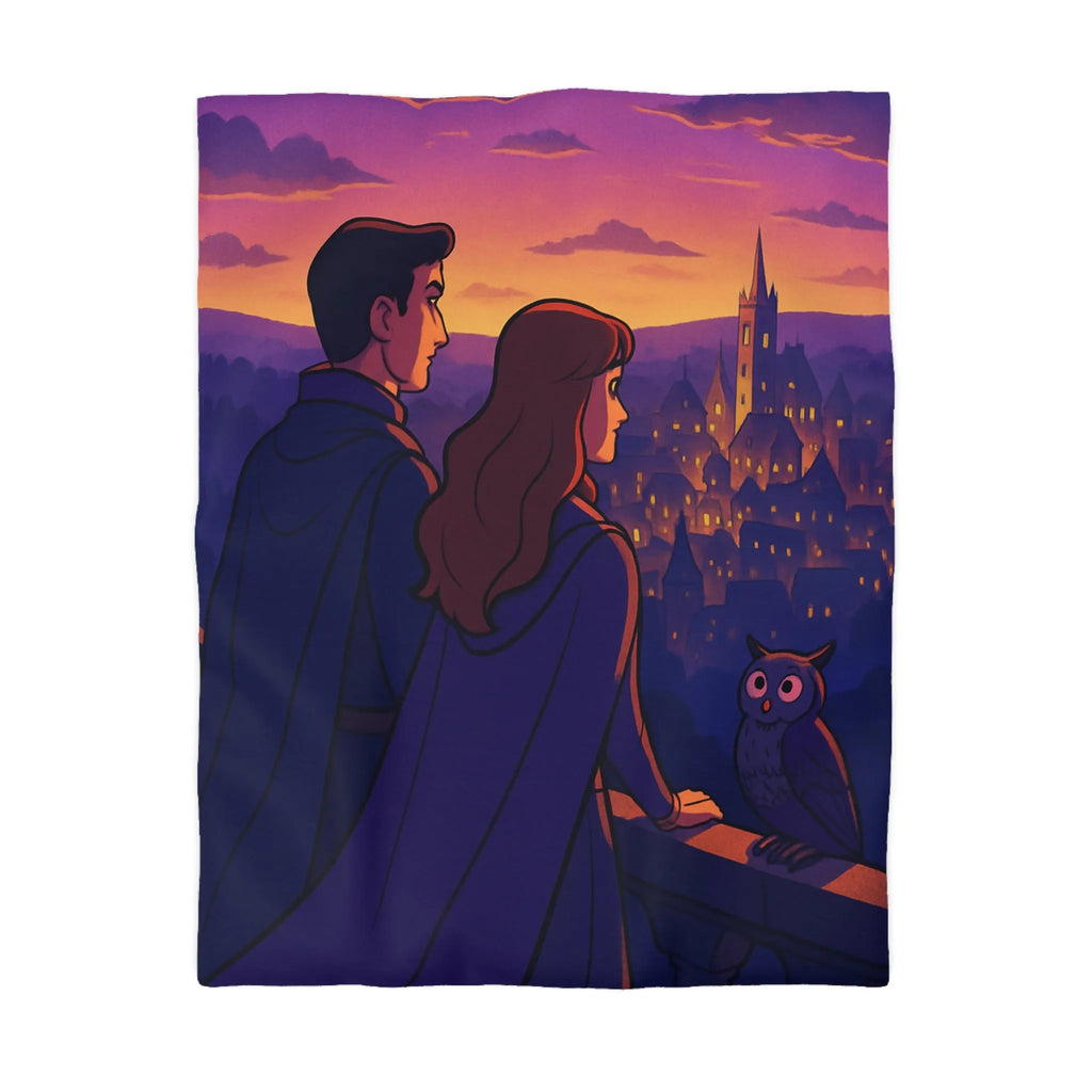 Housse de couette magique au crépuscule avec paysage envoûtant et personnages mystérieux