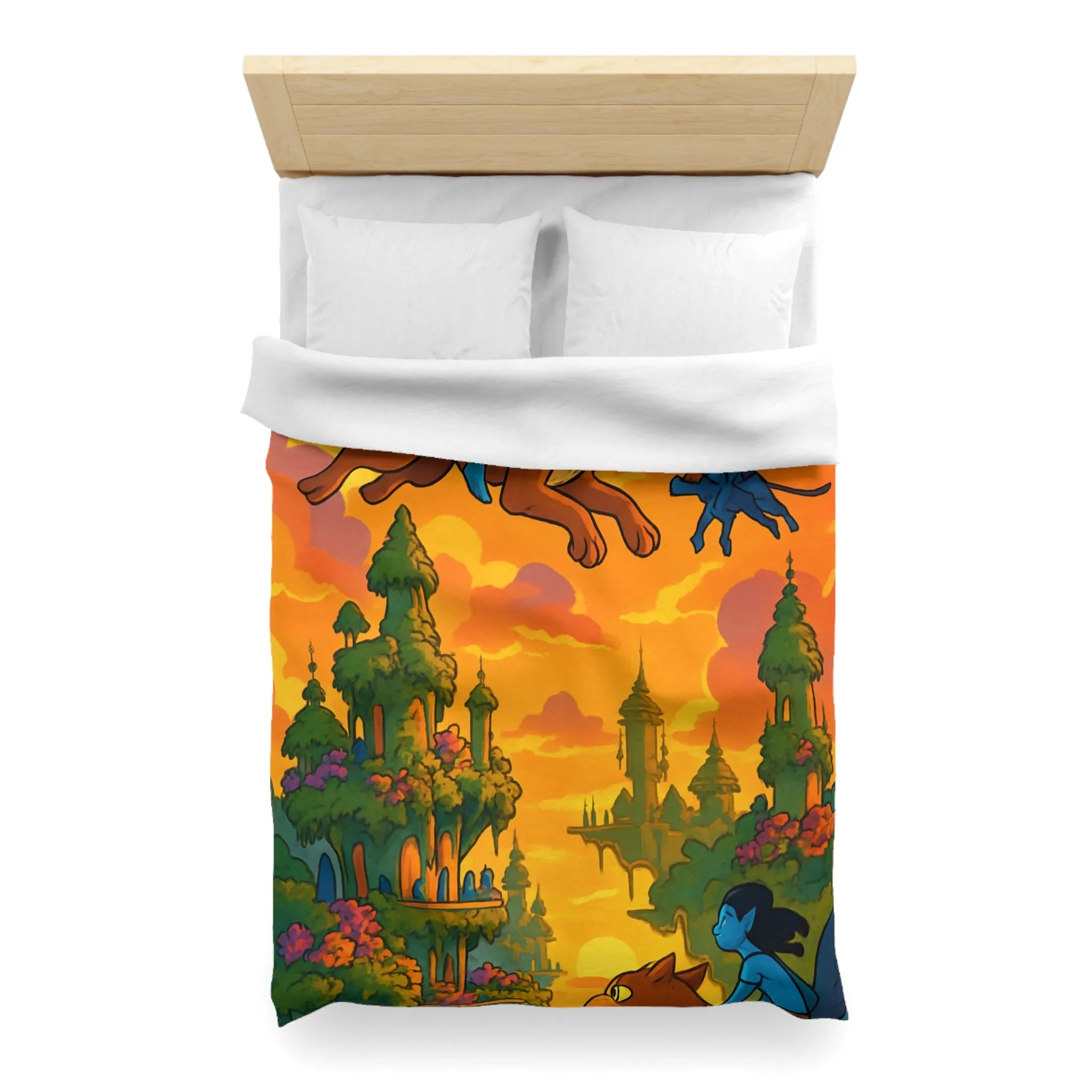Housse de couette magique avec créatures volantes et paysage fantastique au coucher du soleil