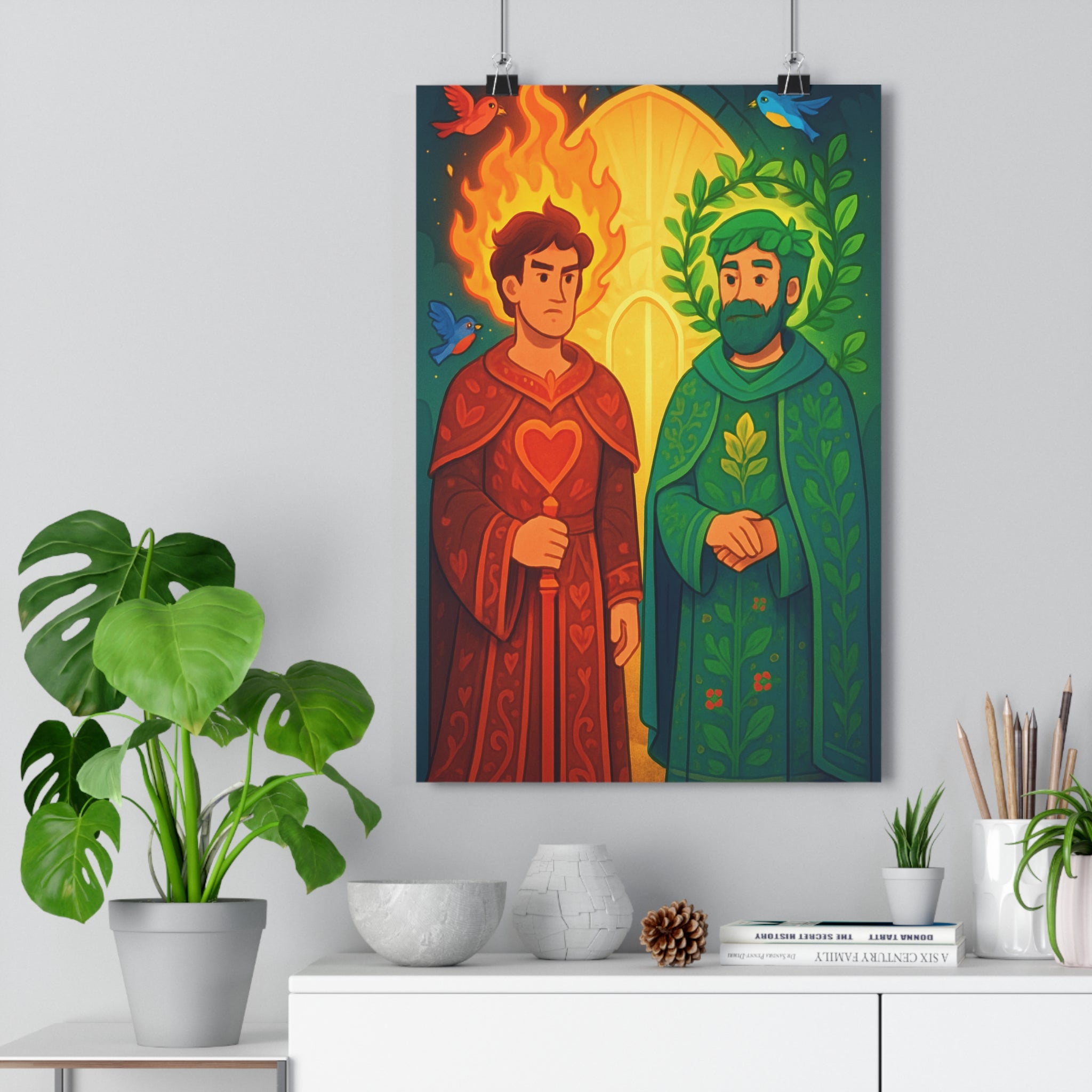 Poster décoratif vibrant rouge vert fantastique mystique salon chambre aventure ambiance magique lumineux qualité