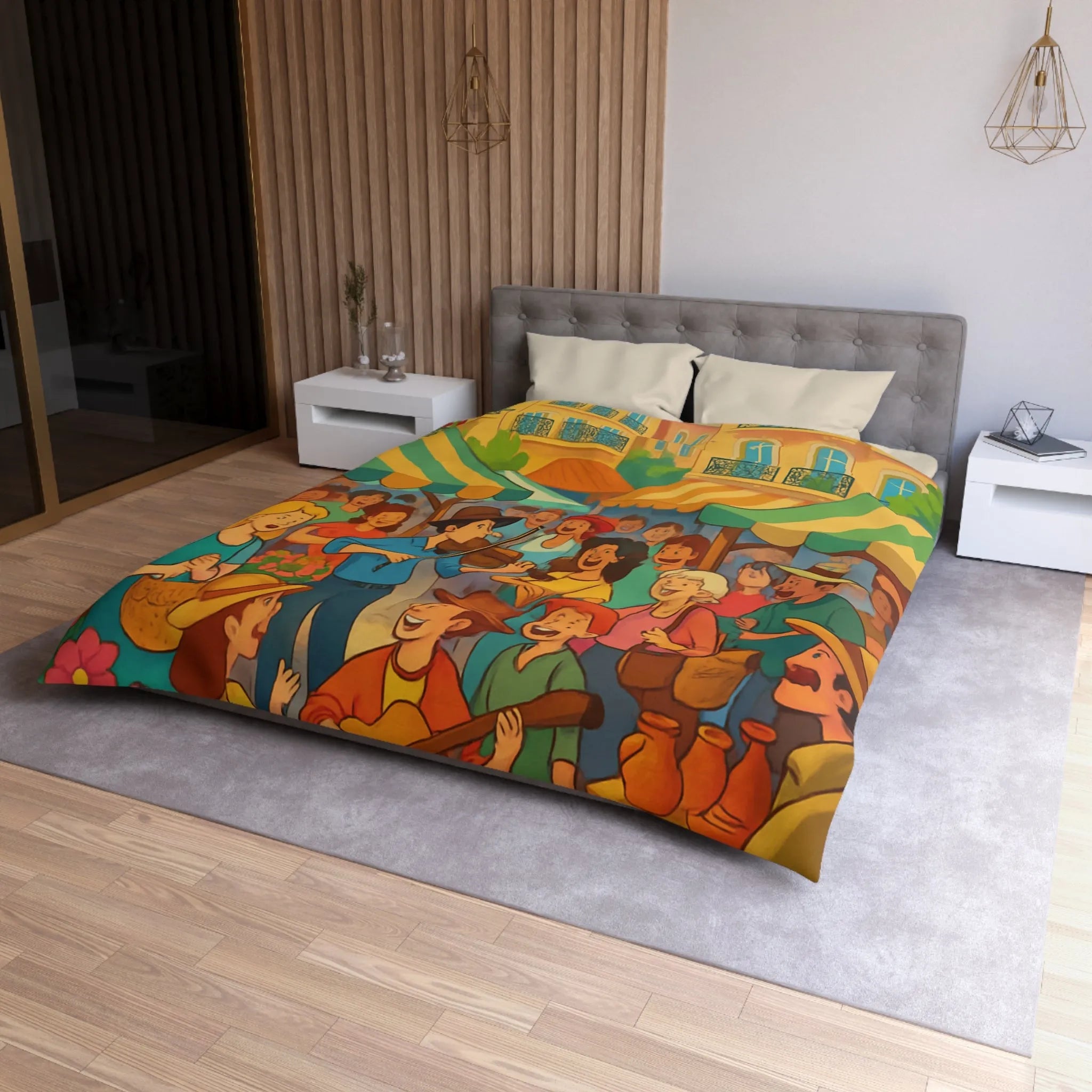 Housse de couette colorée avec scène de marché animé et ambiance joyeuse en plein air