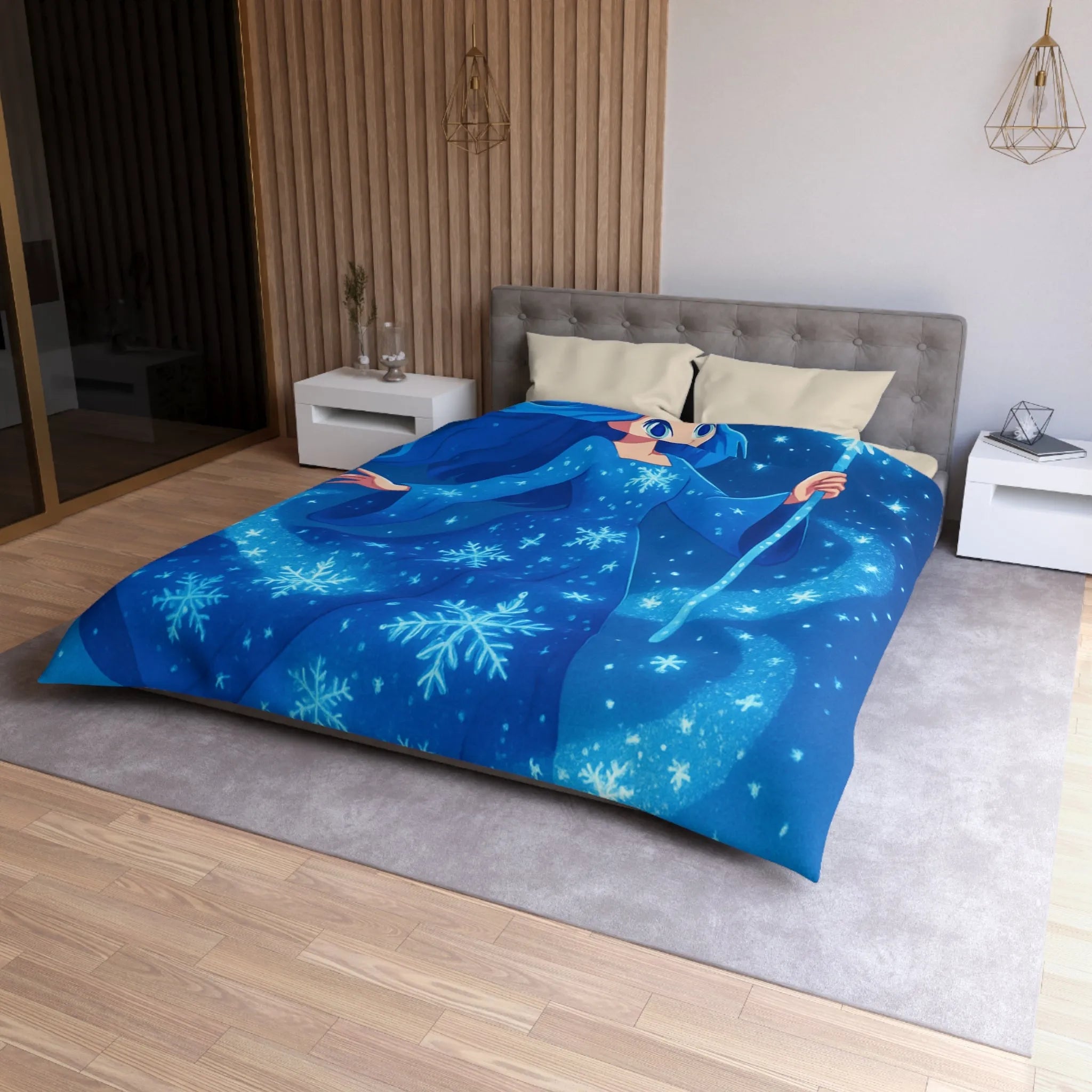 Housse de couette enfantine bleue avec fée magique dans ciel étoilé hivernal