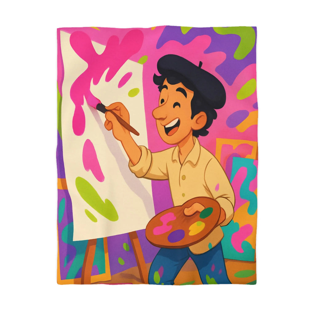 Housse de couette colorée avec artiste joyeux peignant des éclaboussures lumineuses abstraites