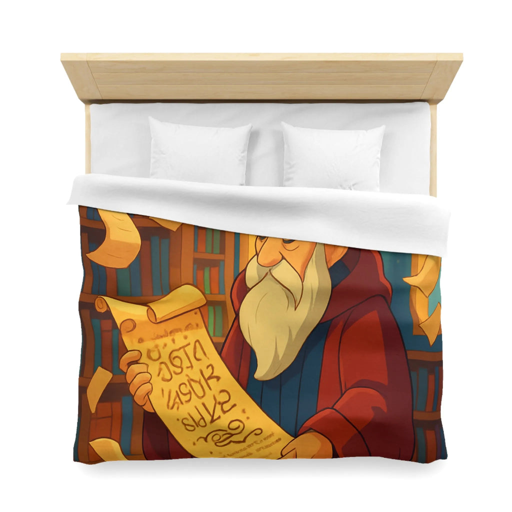 Housse de couette élégante avec design de bibliothèque, parchemins et sage en robe rouge