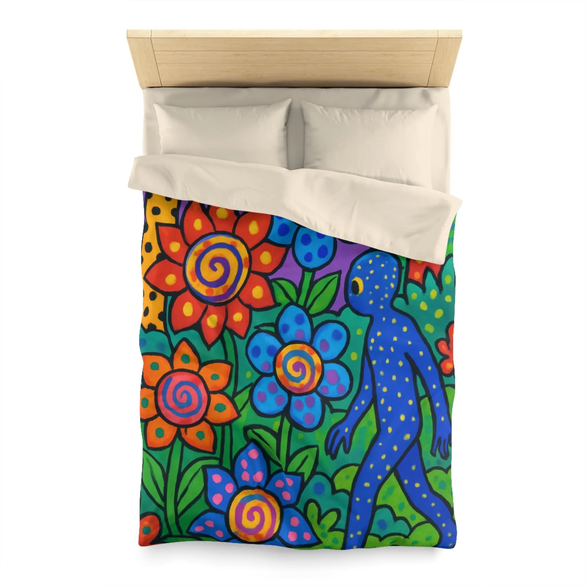 Housse de couette joyeuse avec motifs floraux et créature colorée en jungle vibrante