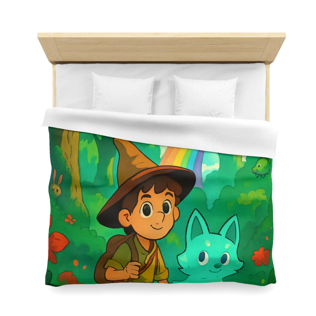 Housse de Couette Enfant avec Petit Sorcier et Animal Magique sous Arc-en-ciel