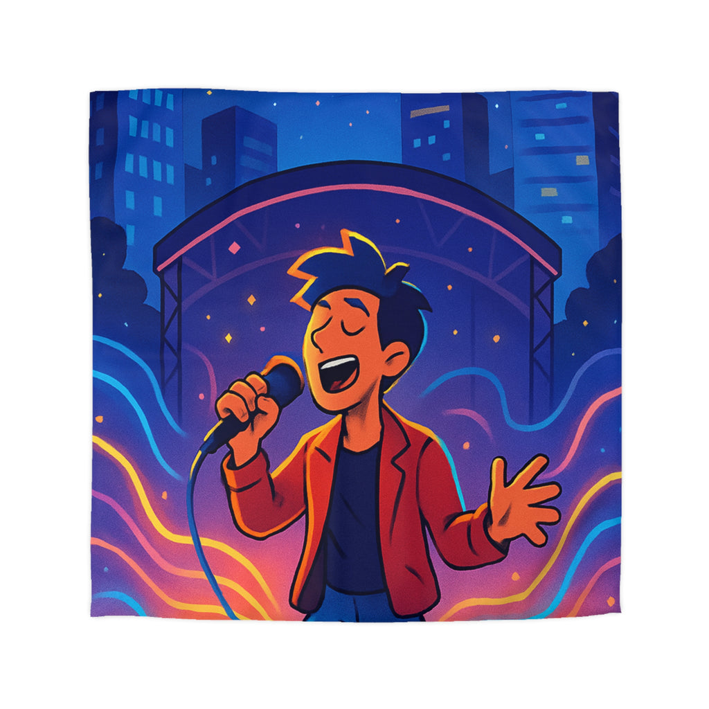 Housse de couette scène vibrante de concert nocturne avec chanteur et couleurs éclatantes