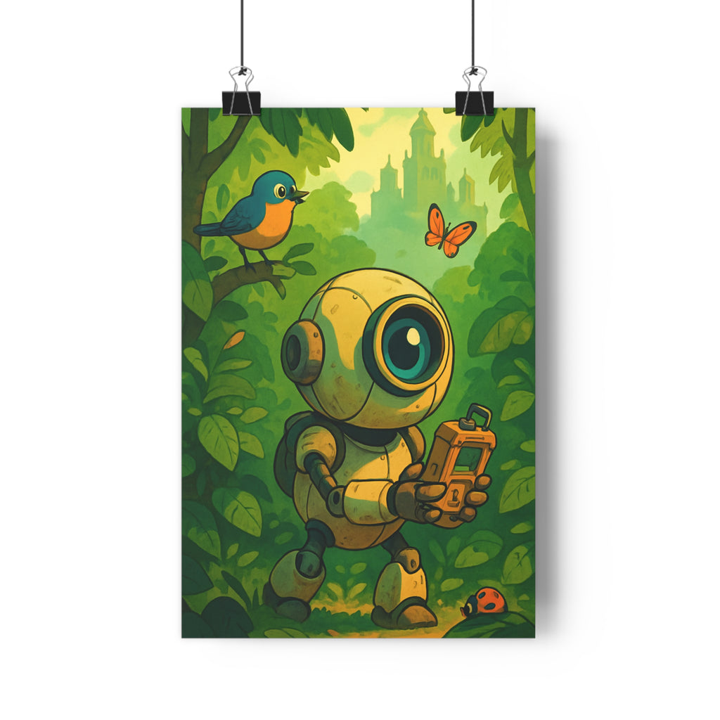 Poster décoratif aventure robot forêt luxuriante vert bleu orange cartoon chambre enfant 30x46 exploration