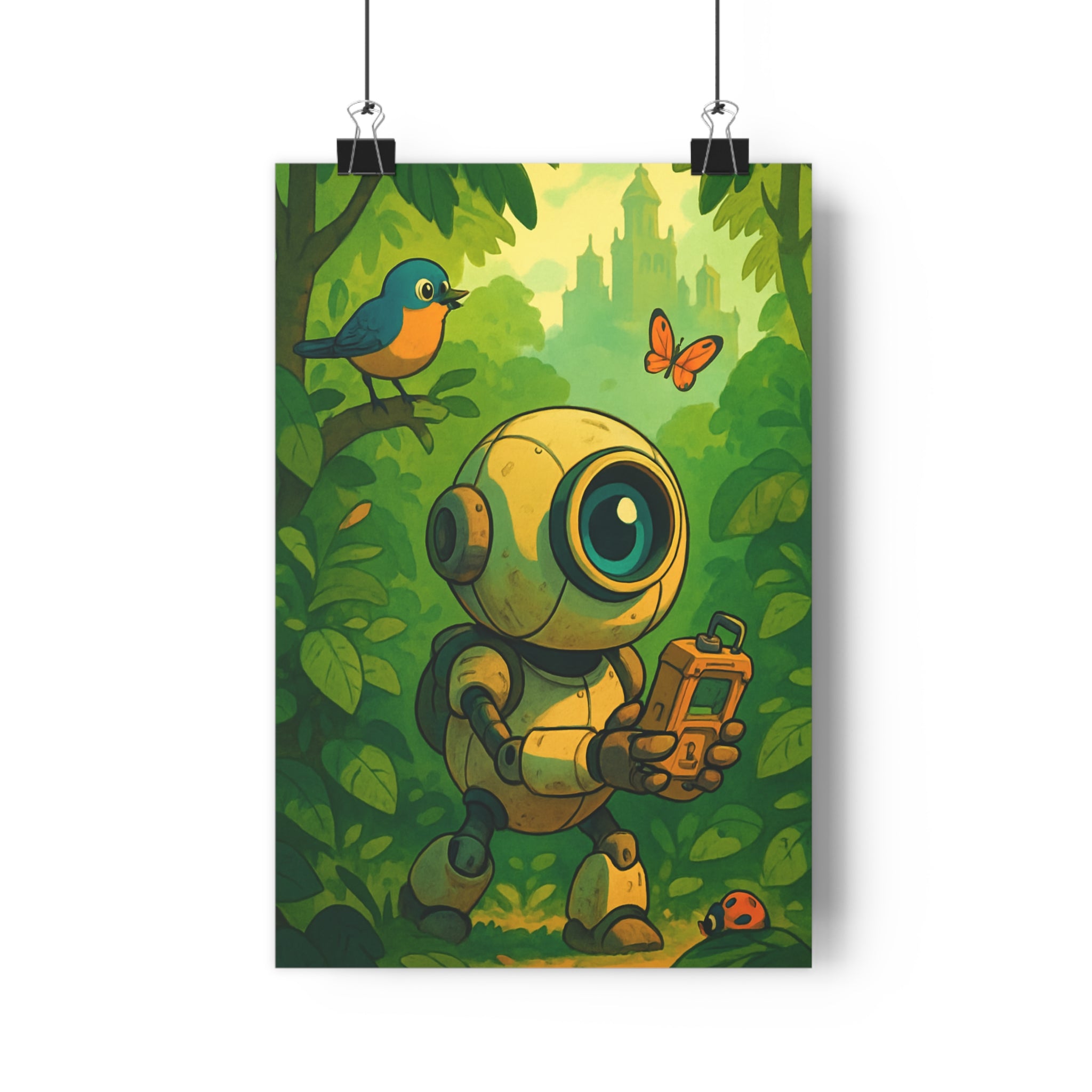 Poster décoratif aventure robot forêt luxuriante vert bleu orange cartoon chambre enfant 30x46 exploration