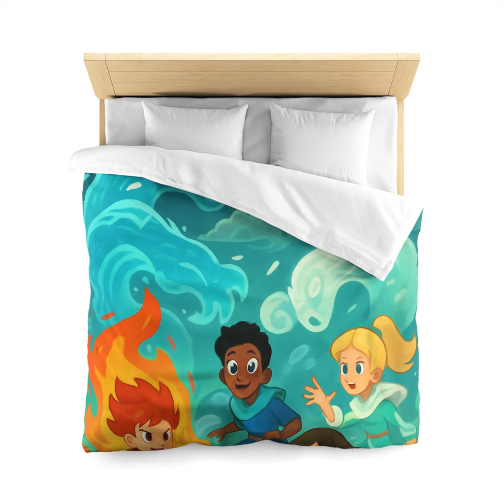 Housse de couette avec illustration de jeunes héros des éléments devant un château magique