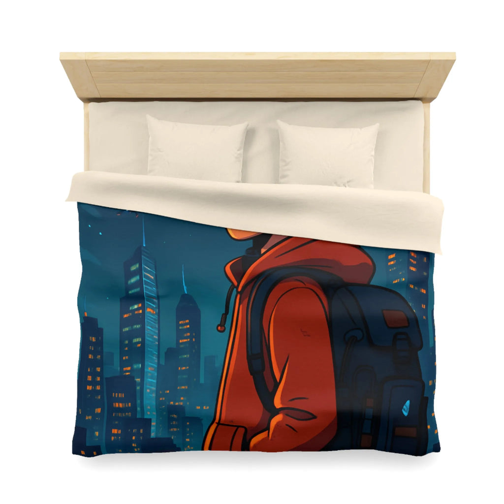Housse de couette ado moderne nocturne avec personnage urbain et drones dans le ciel