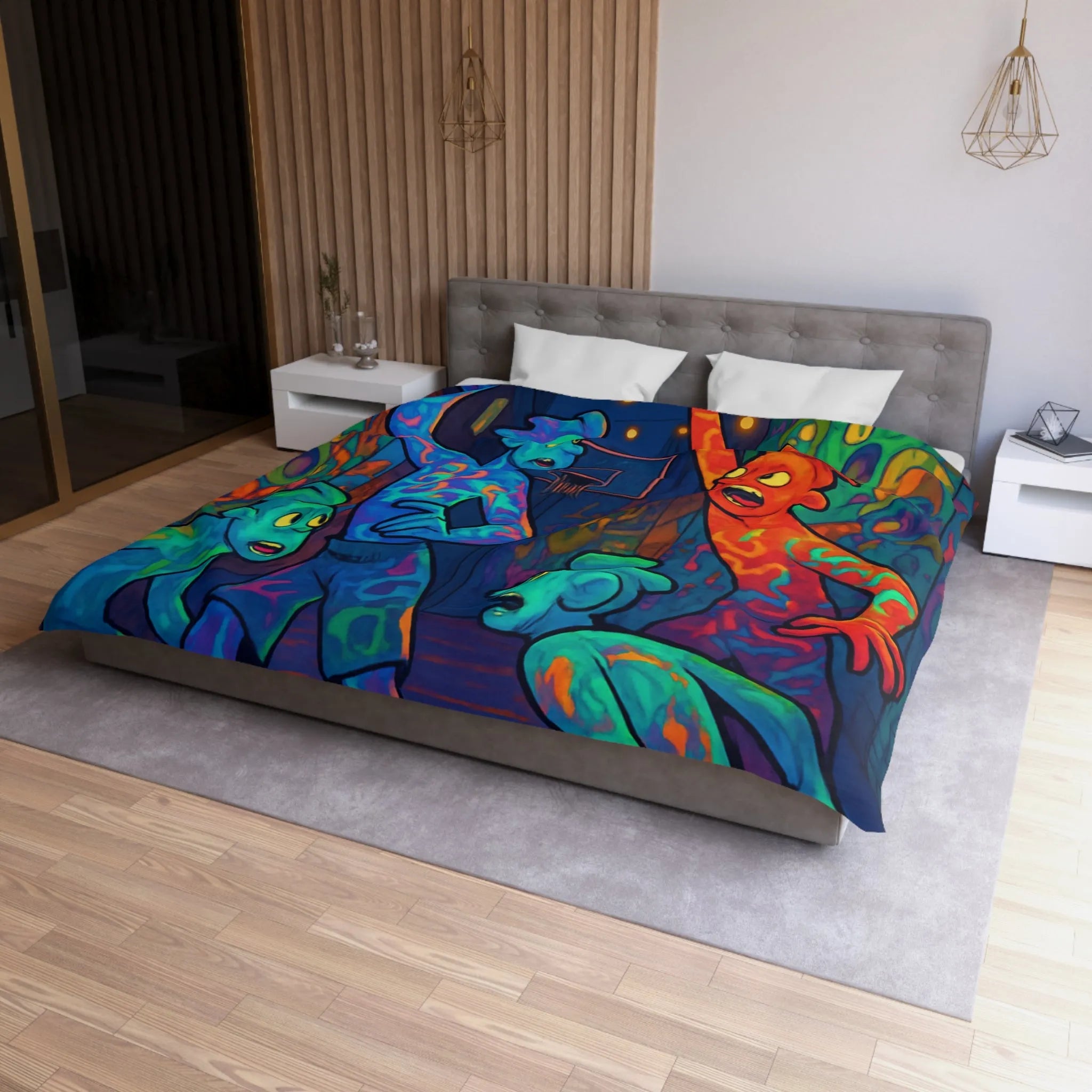 Housse de couette colorée avec personnages abstraits jouant au basket la nuit