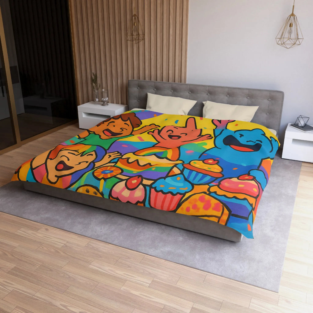 Housse de couette arc-en-ciel enfantine avec personnages joyeux et gâteau festif coloré