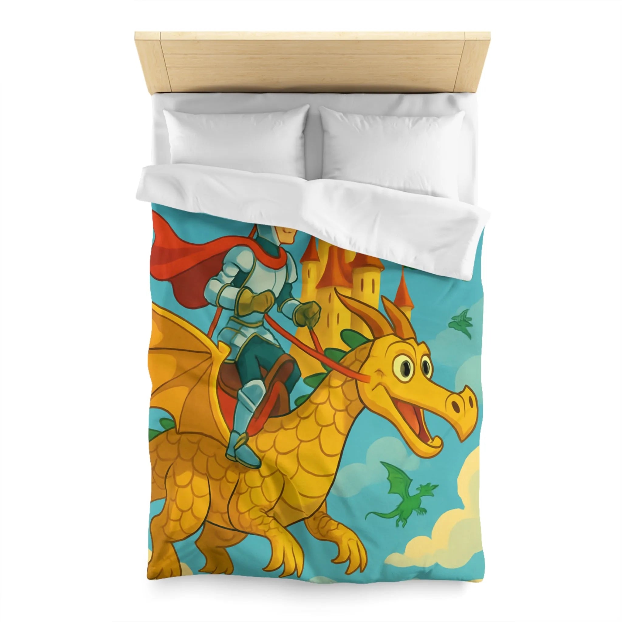 Housse de couette avec chevalier courageux chevauchant un dragon doré au-dessus château fantastique