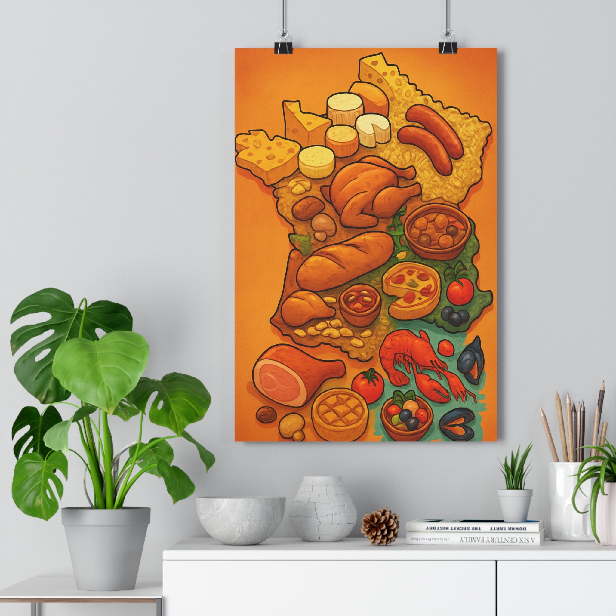 Poster décoratif cuisine carte France gourmand coloré jaune rouge salle manger ambiance régionale vintage