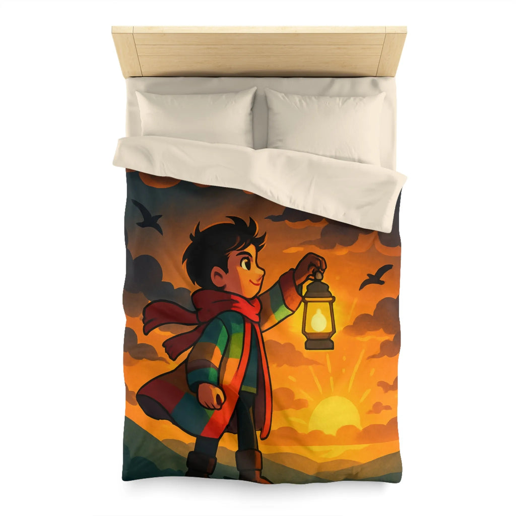 Housse de couette avec illustration enfantine colorée : garçon, lanterne, ciel dramatique