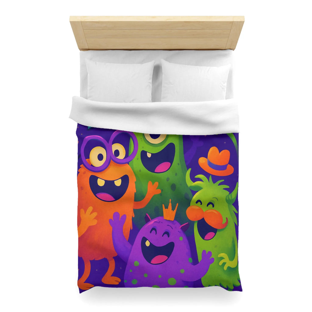 Housse de couette festive avec monstres colorés, ambiance joyeuse pour chambre d'enfant