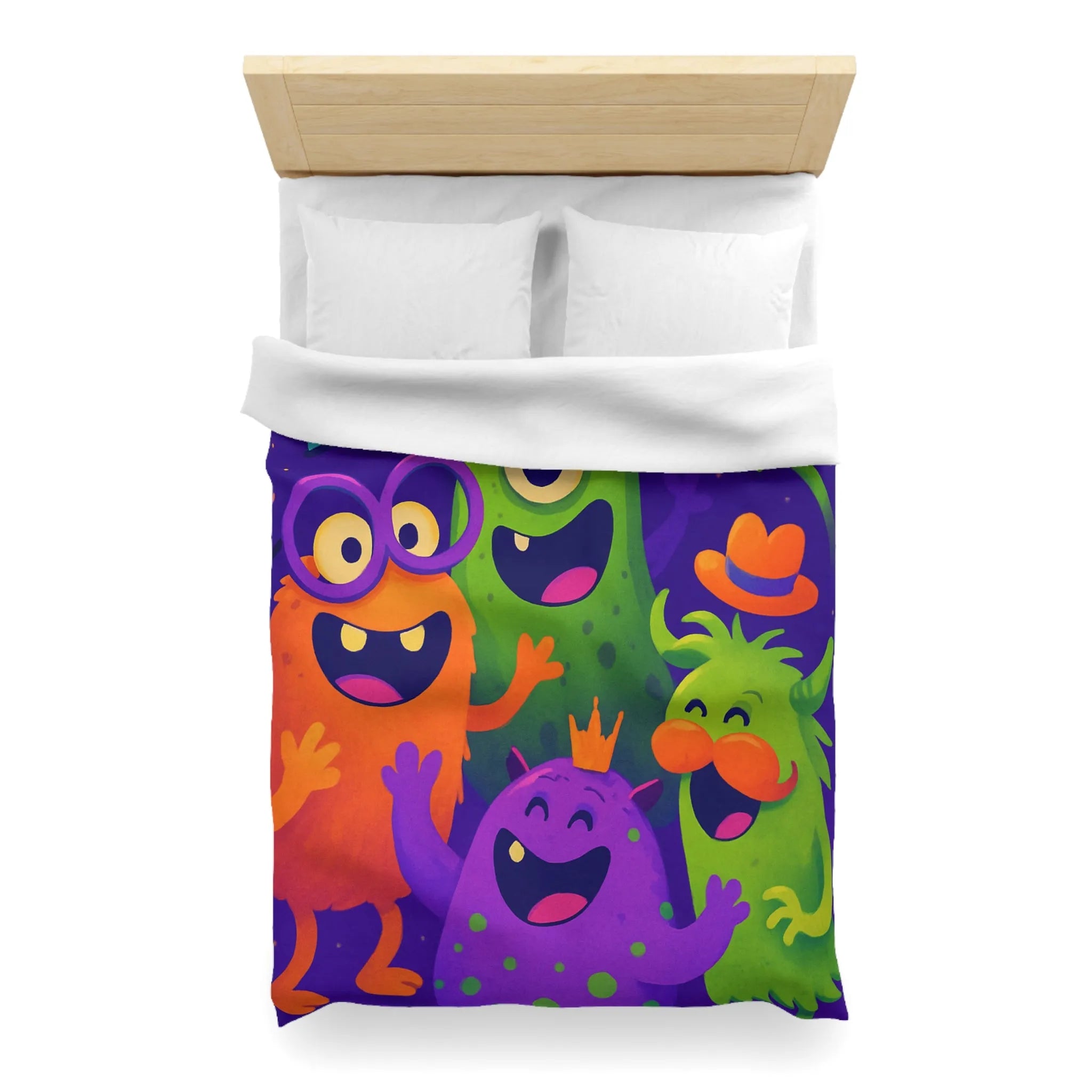 Housse de couette festive avec monstres colorés, ambiance joyeuse pour chambre d'enfant