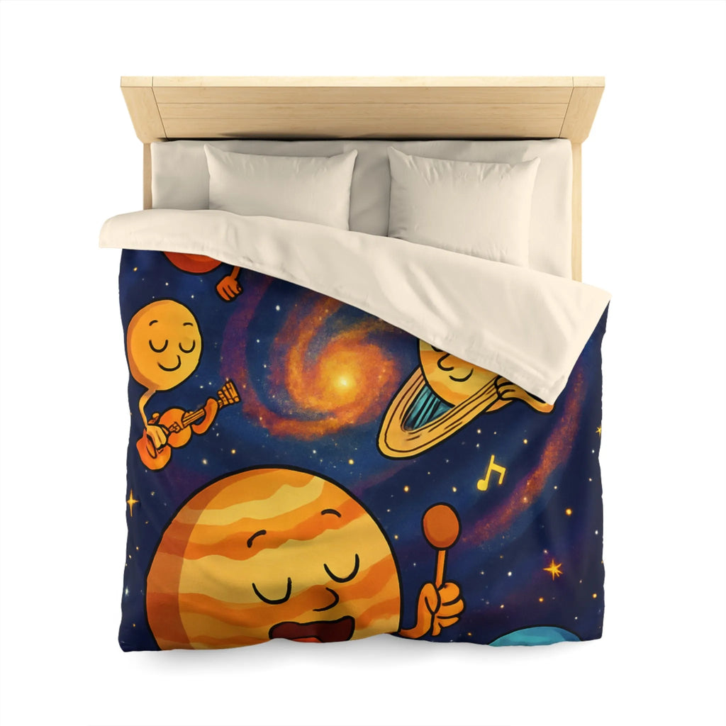 Ensemble joyeux de planètes musiciennes dans l'univers coloré pour housse de couette enfant
