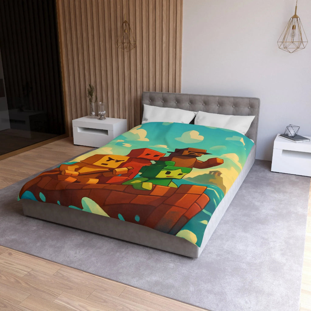 Housse de couette colorée avec personnages pixelisés sur un bateau en mer agité