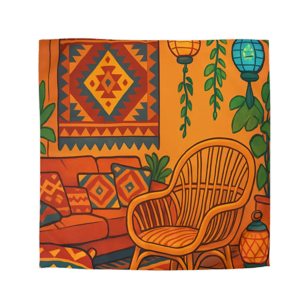 Housse de Couette aux Motifs Géométriques Bohèmes avec Tons Oranges et Bleus Éclatants