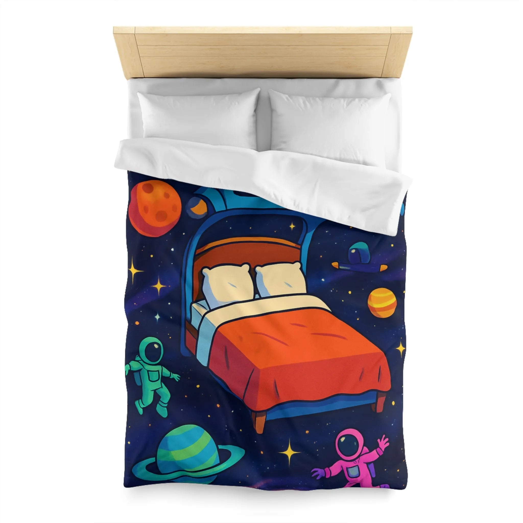 Housse de couette galaxies vibrantes avec astronautes flottants et planètes colorées pour enfants